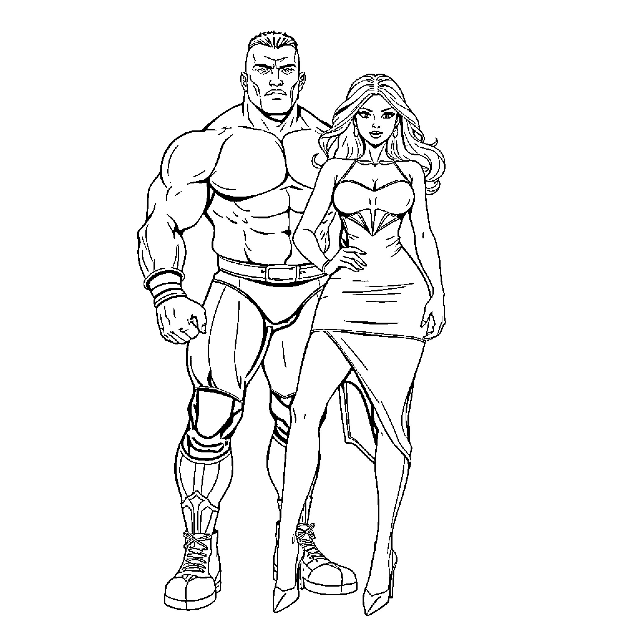 Wrestler duo in heroic poses Coloring Page (free black-and-white line drawing printable PDF for all, from beginners to advanced learners, including children, teens, adults, and seniors)