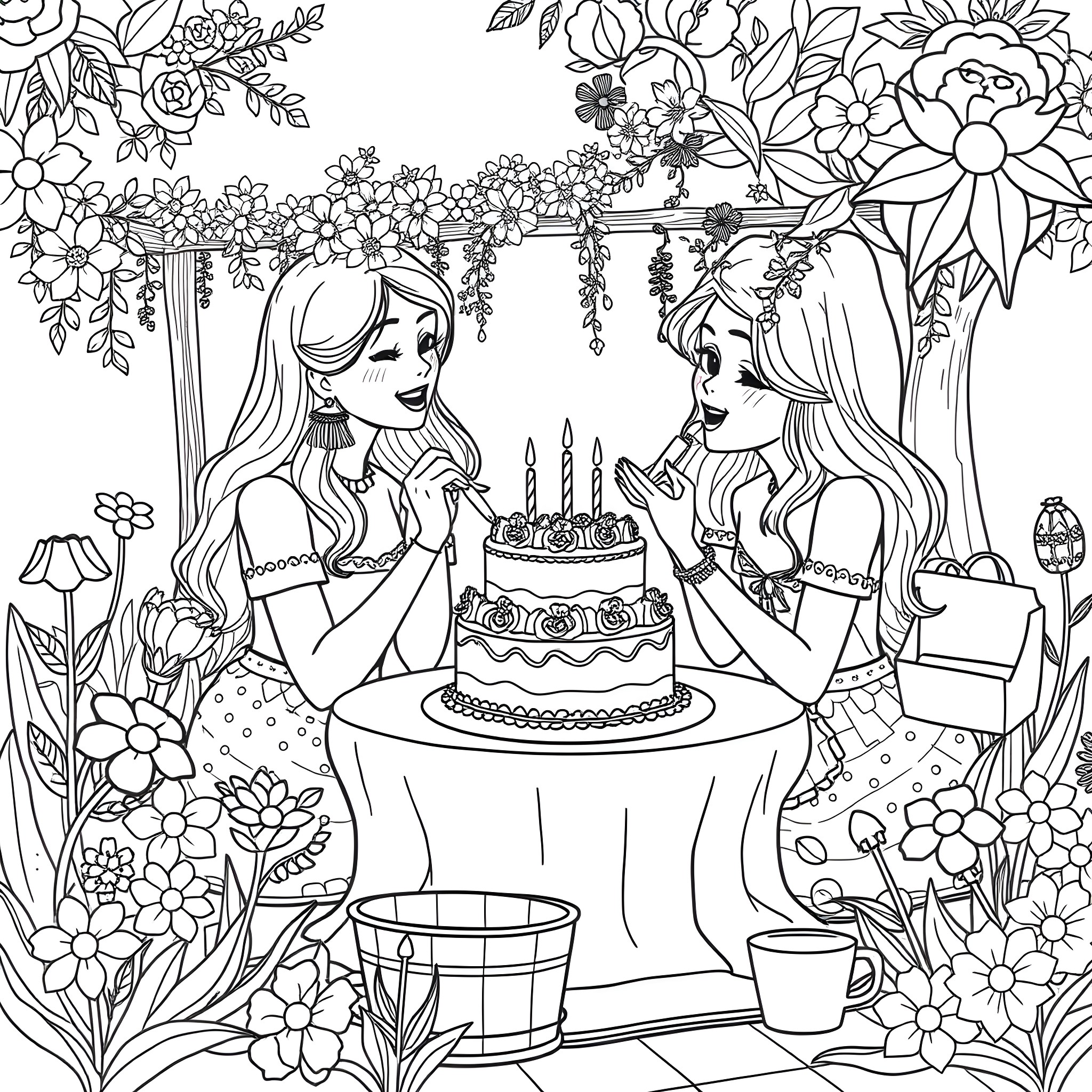 Women celebrating birthday with cake in garden Coloring Page (free black-and-white line drawing printable PDF for all, from beginners to advanced learners, including children, teens, adults, and seniors)