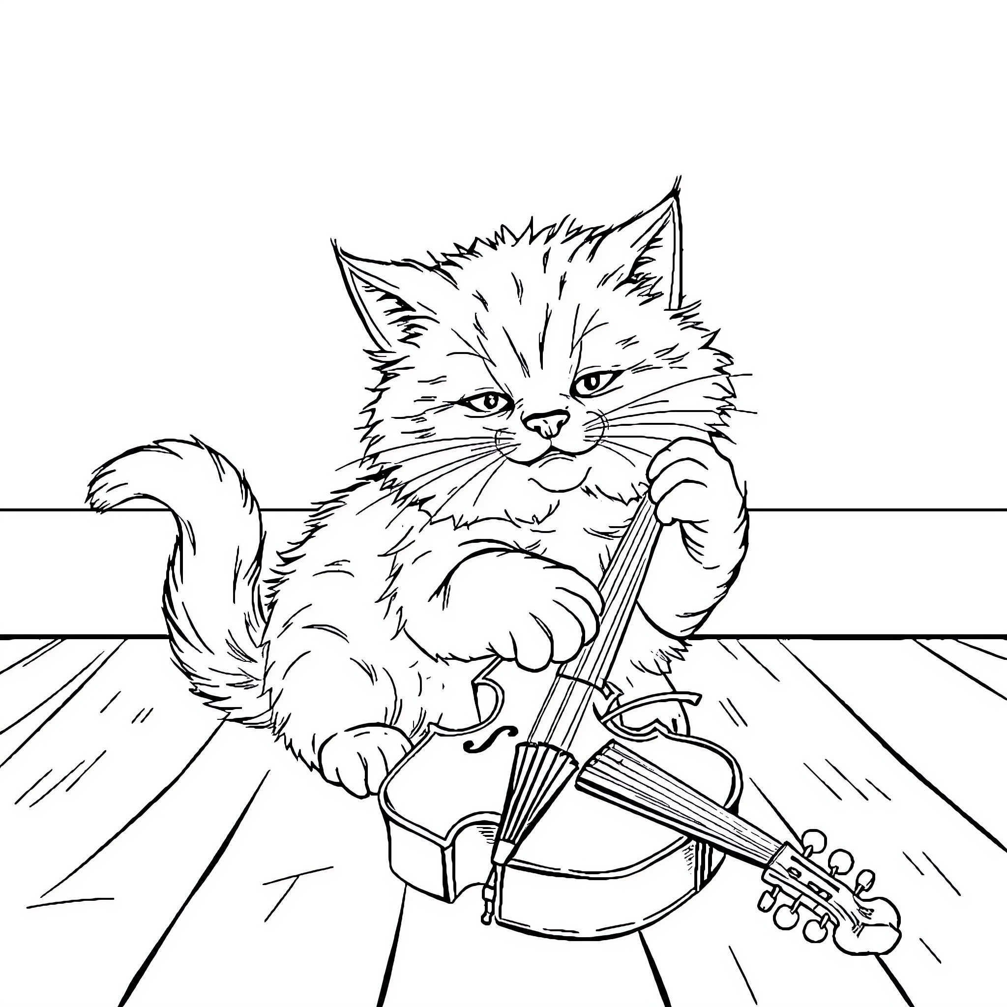 Cat playing with a violin on stage Coloring Page (free black-and-white line drawing printable PDF for all, from beginners to advanced learners, including children, teens, adults, and seniors)