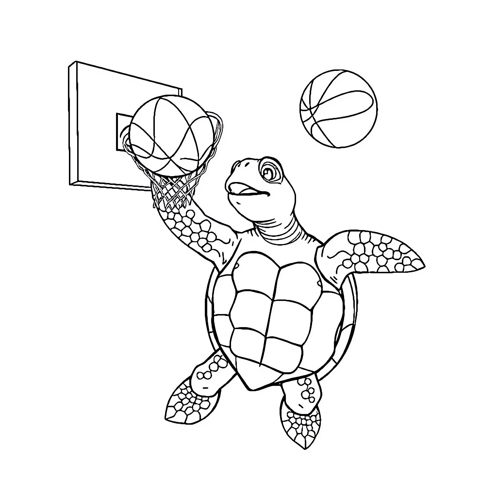 Seaturtle playing basketball with enthusiasm Coloring Page (free black-and-white line drawing printable PDF for all, from beginners to advanced learners, including children, teens, adults, and seniors)