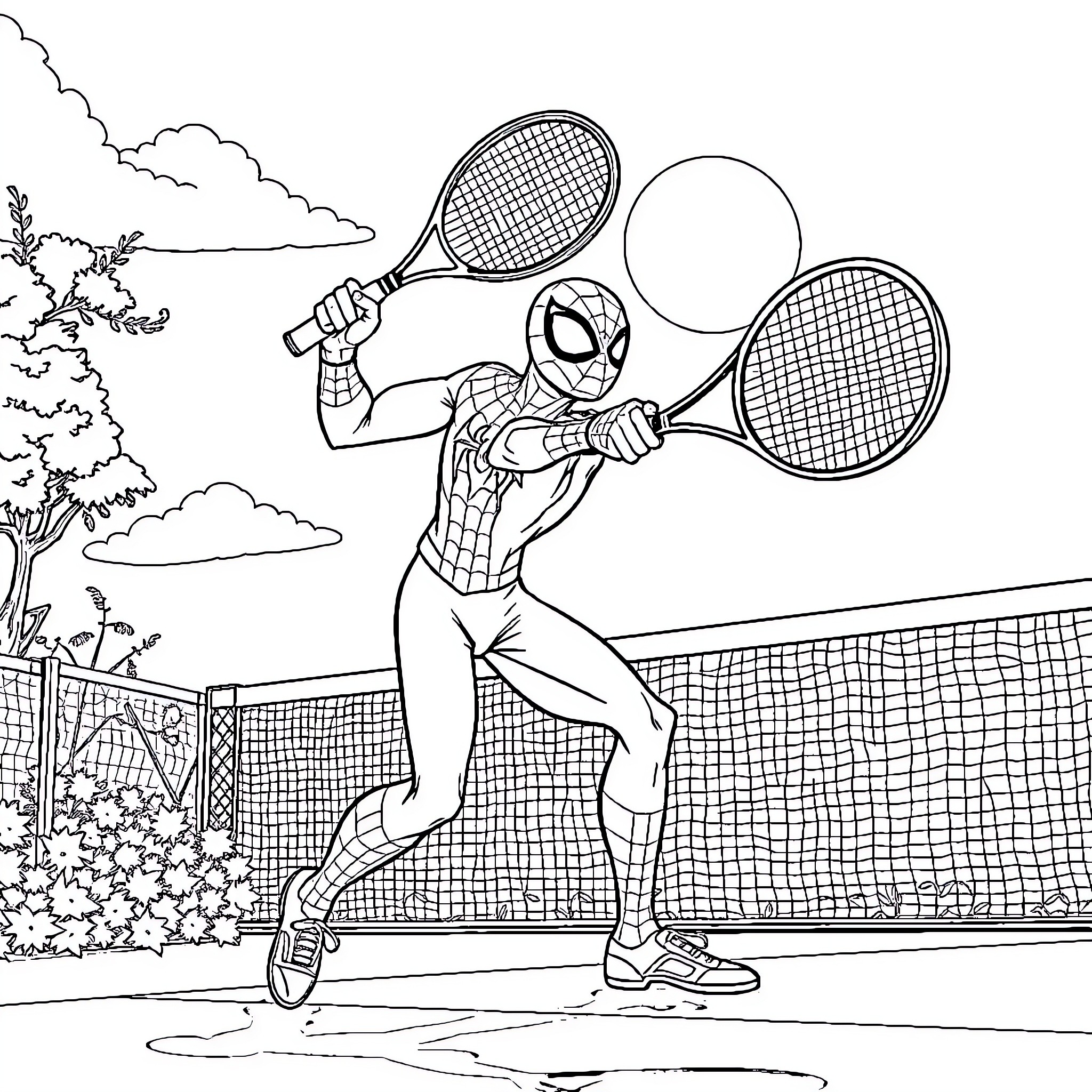Spiderman playing tennis on the court Coloring Page (free black-and-white line drawing printable PDF for all, from beginners to advanced learners, including children, teens, adults, and seniors)