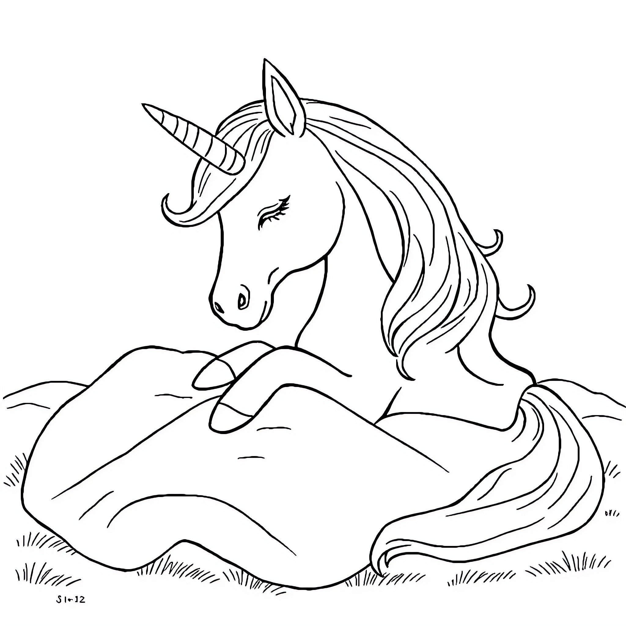 Unicorn resting peacefully in enchanting meadow Coloring Page (free black-and-white line drawing printable PDF for all, from beginners to advanced learners, including children, teens, adults, and seniors)