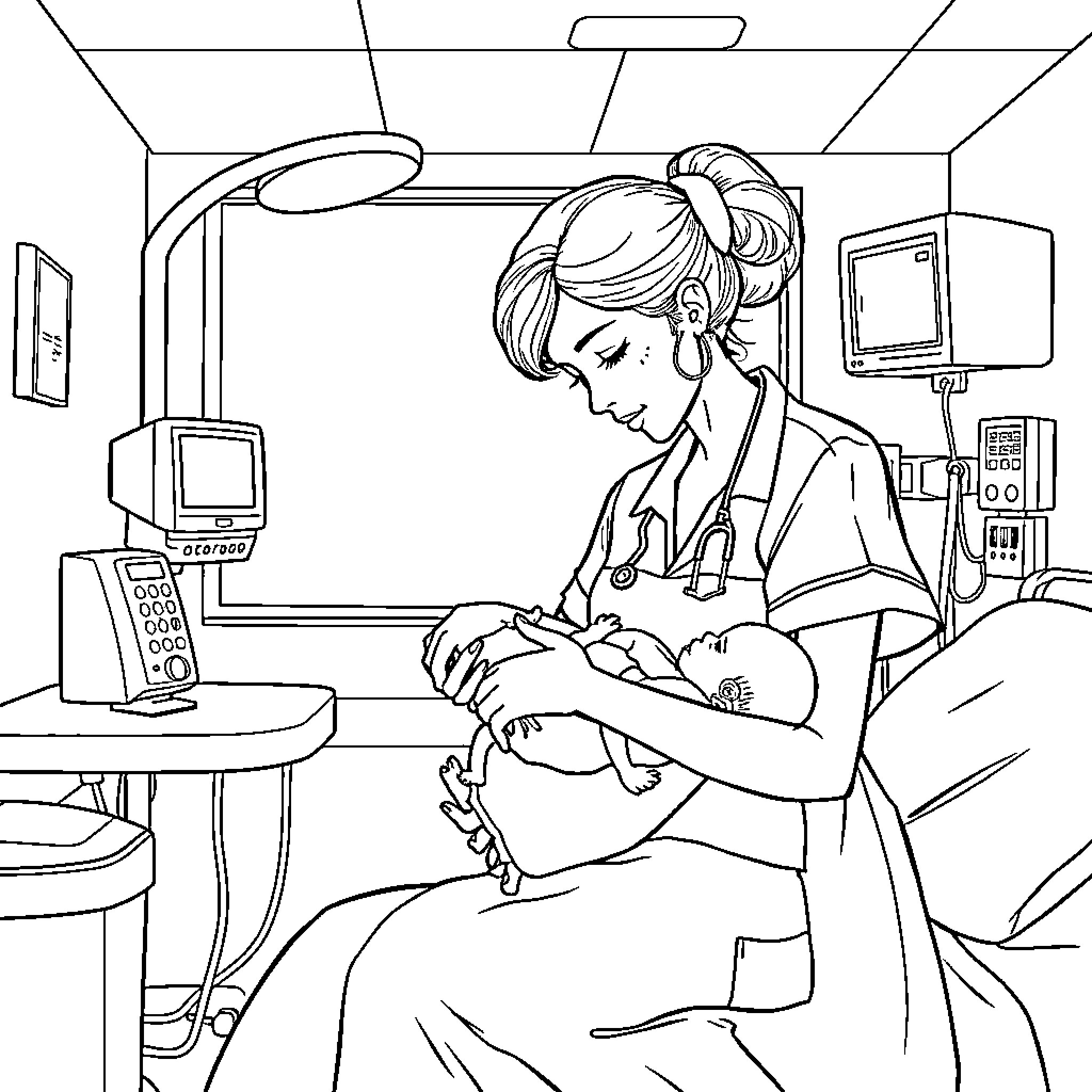 Nurse caring for a patient in the medical facility Coloring Page (free black-and-white line drawing printable PDF for all, from beginners to advanced learners, including children, teens, adults, and seniors)