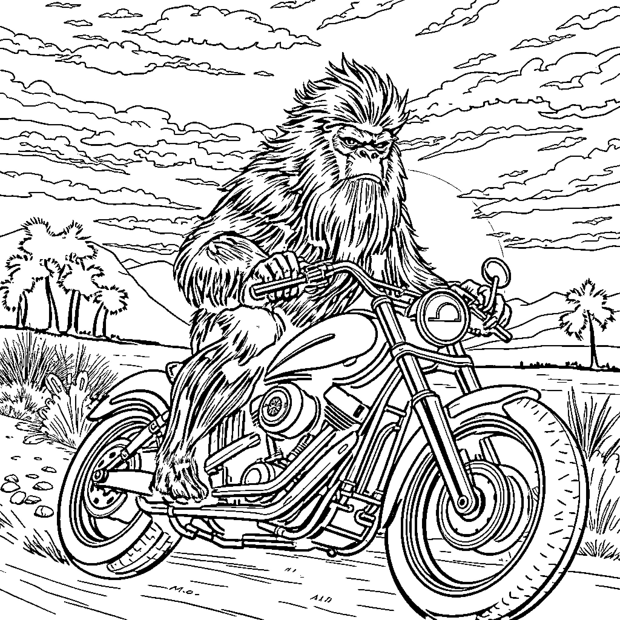 Bigfoot riding a motorcycle in the wilderness Coloring Page (free black-and-white line drawing printable PDF for all, from beginners to advanced learners, including children, teens, adults, and seniors)