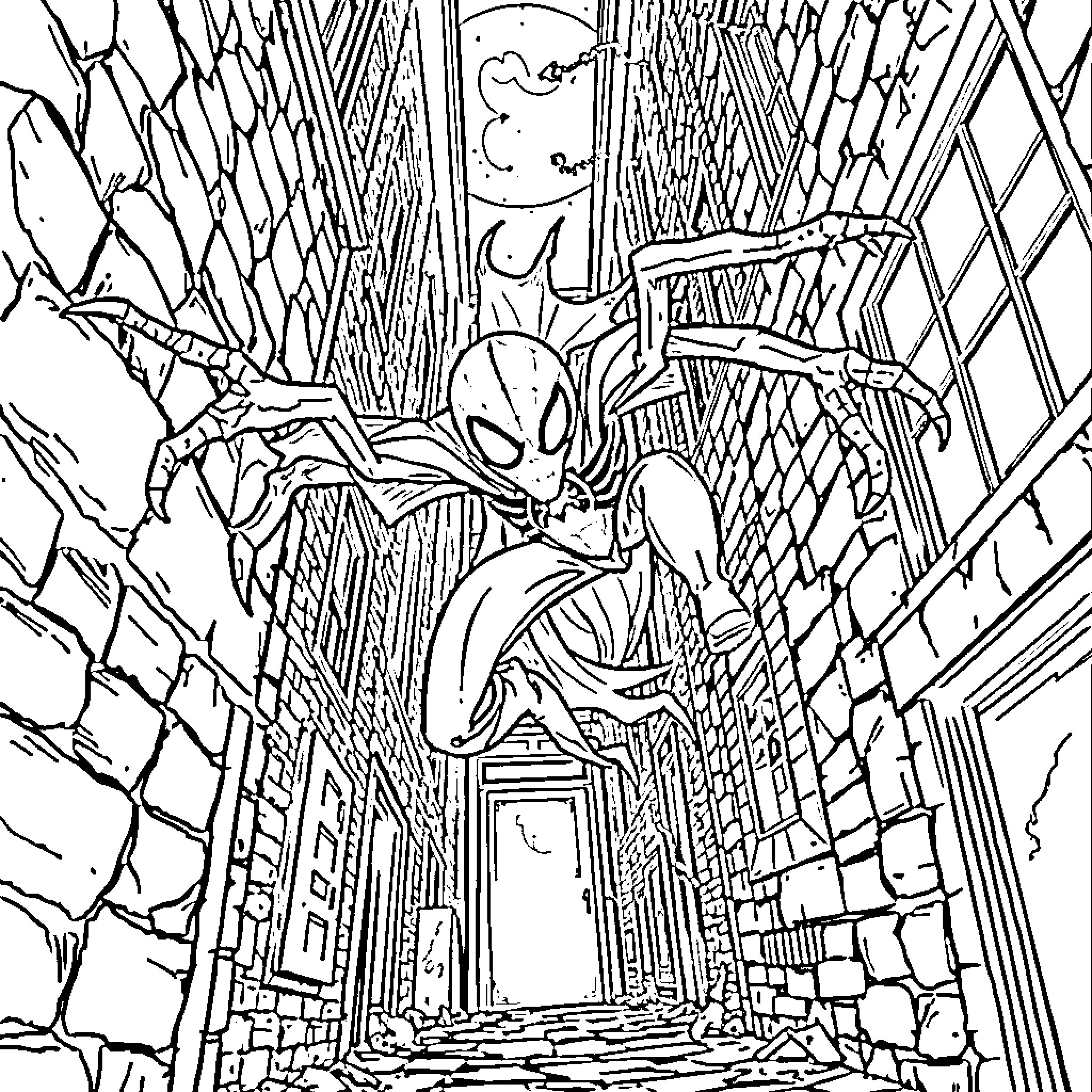Ghost Spider exploring the mysterious city alleyway Coloring Page (free black-and-white line drawing printable PDF for all, from beginners to advanced learners, including children, teens, adults, and seniors)
