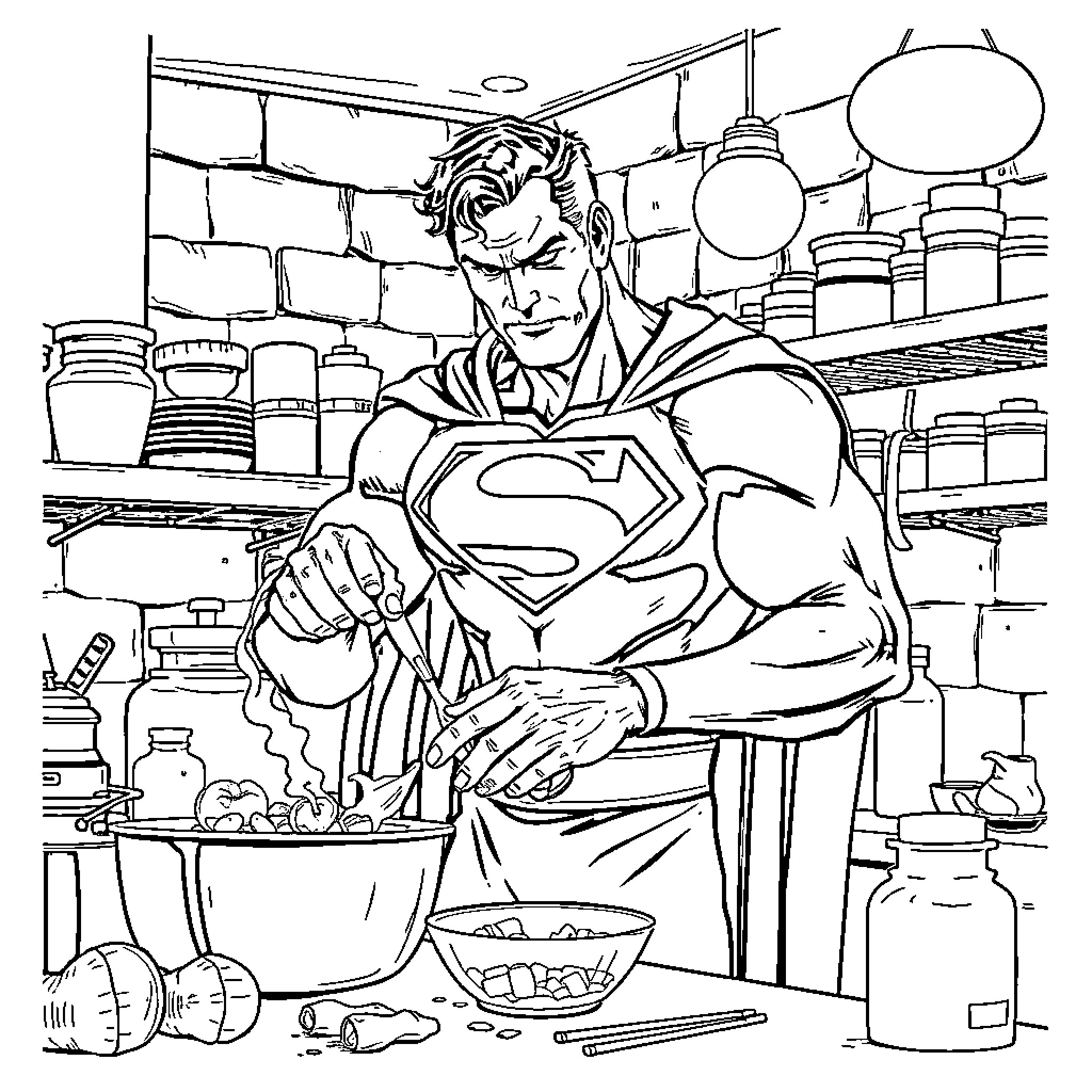 Superman preparing food in the kitchen Coloring Page (free black-and-white line drawing printable PDF for all, from beginners to advanced learners, including children, teens, adults, and seniors)