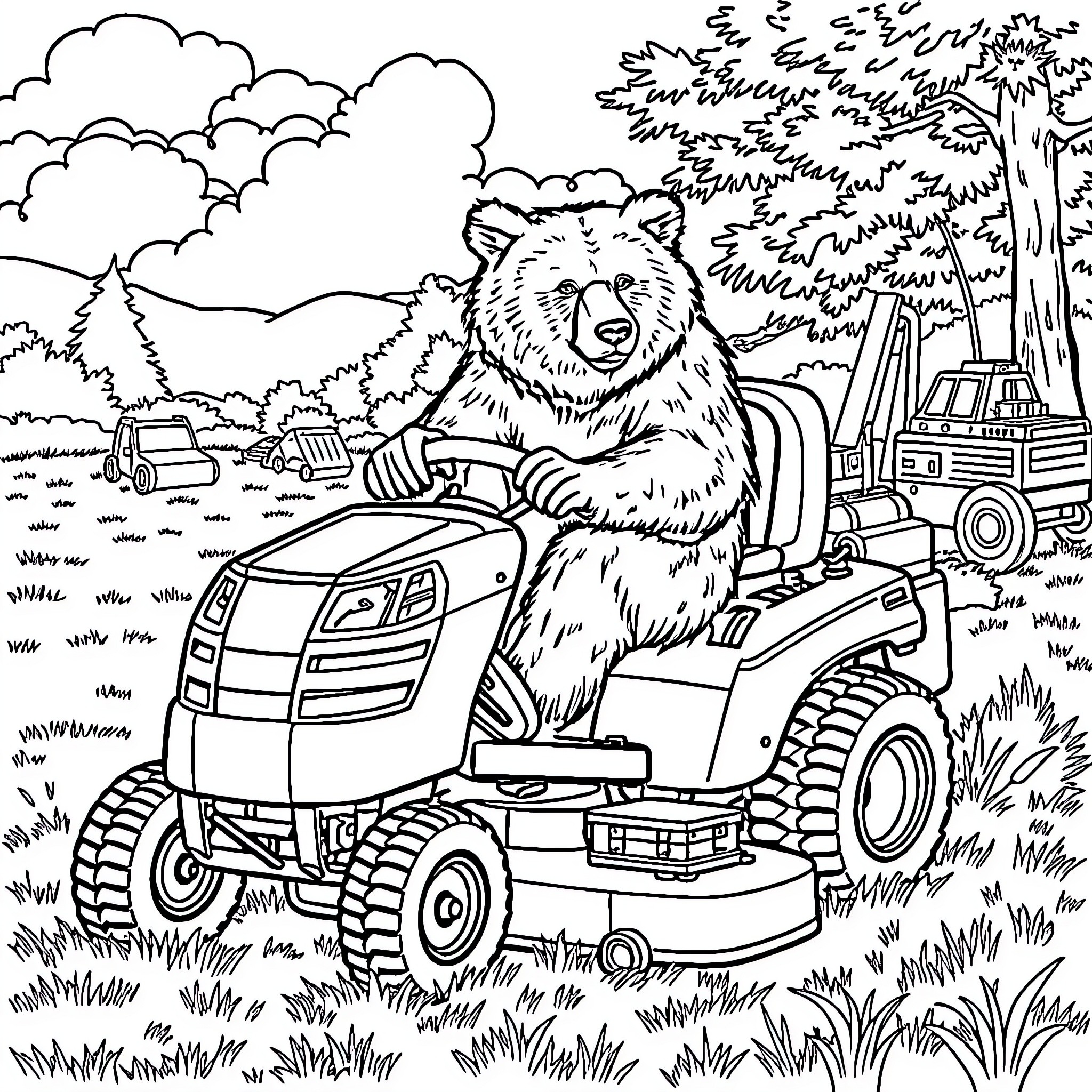 Grizzly Bear Operating a Lawn Mower in the Forest Coloring Page (free black-and-white line drawing printable PDF for all, from beginners to advanced learners, including children, teens, adults, and seniors)