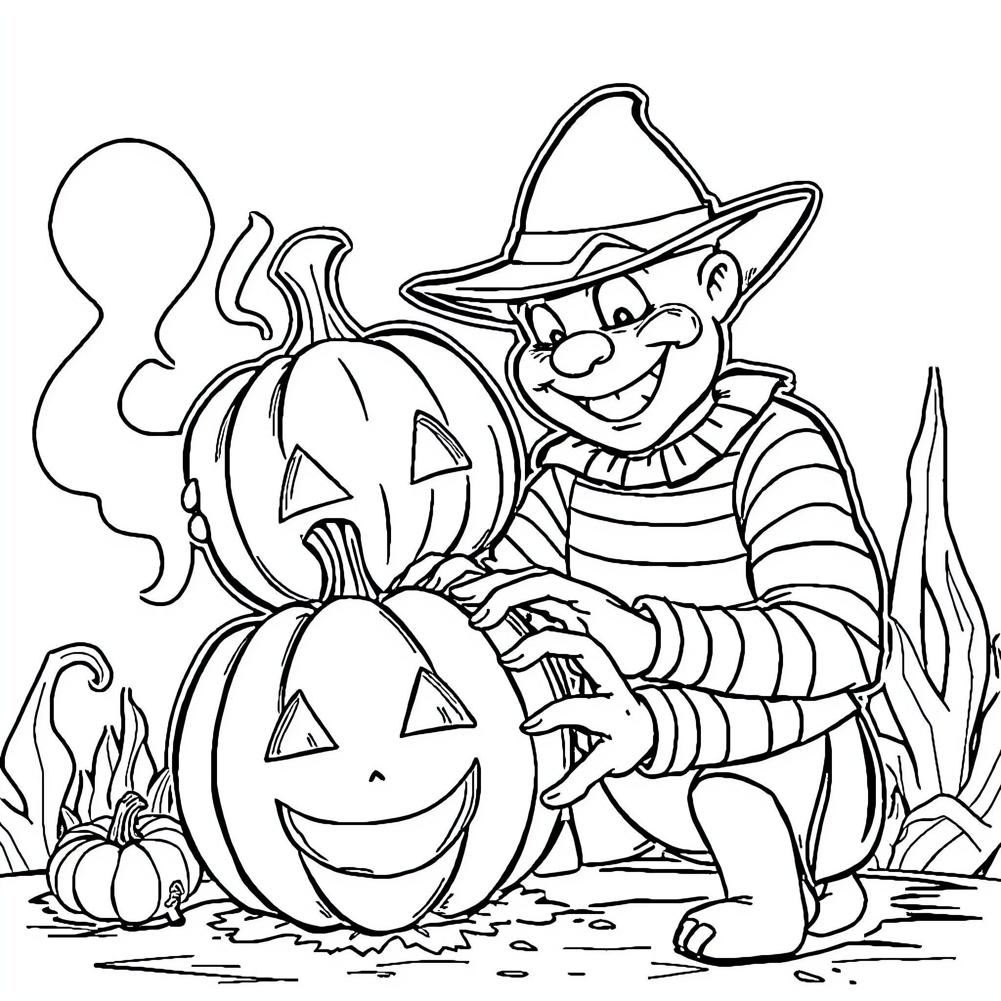 Freddy Krueger carving Halloween pumpkins with glee Coloring Page (free black-and-white line drawing printable PDF for all, from beginners to advanced learners, including children, teens, adults, and seniors)