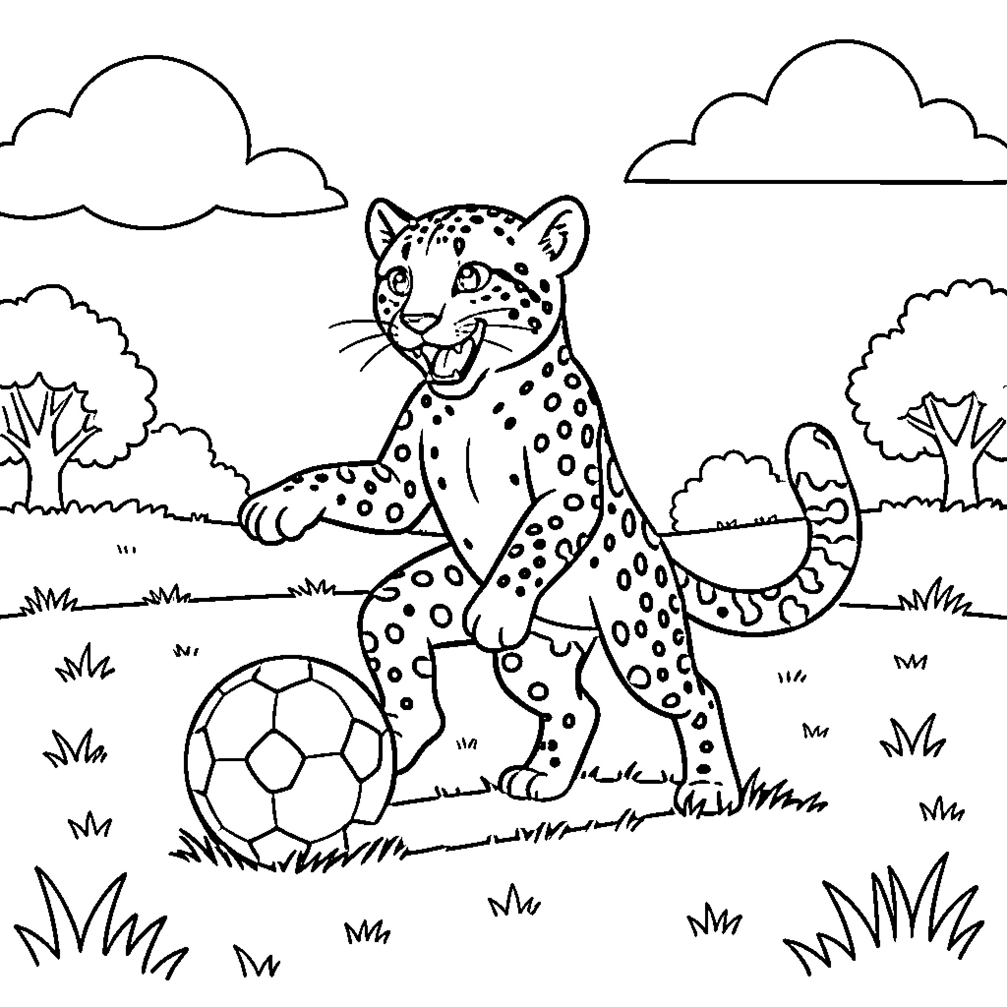 Cheetah playing with soccer ball in the wild Coloring Page (free black-and-white line drawing printable PDF for all, from beginners to advanced learners, including children, teens, adults, and seniors)