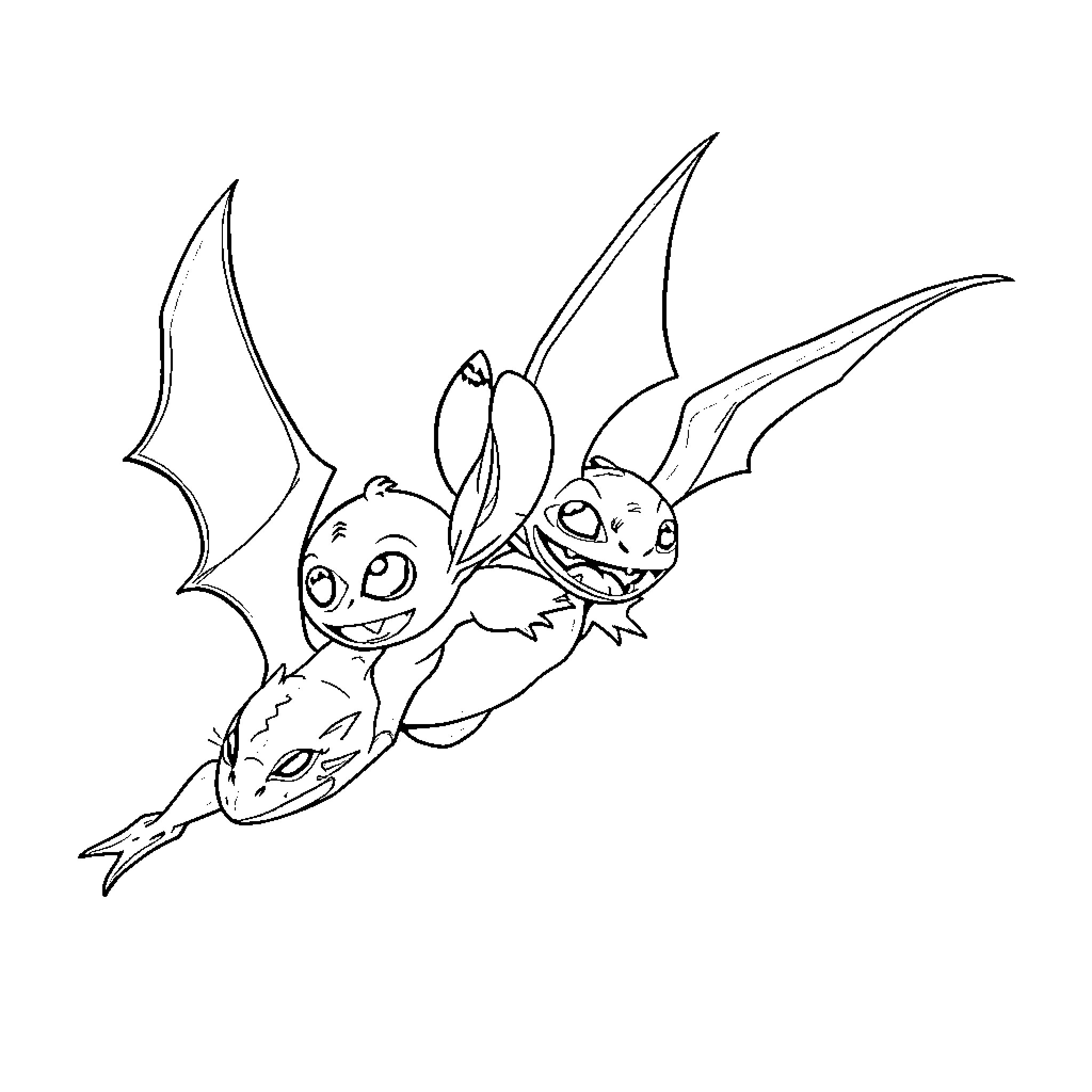 Stitch flying with curious expression Coloring Page (free black-and-white line drawing printable PDF for all, from beginners to advanced learners, including children, teens, adults, and seniors)