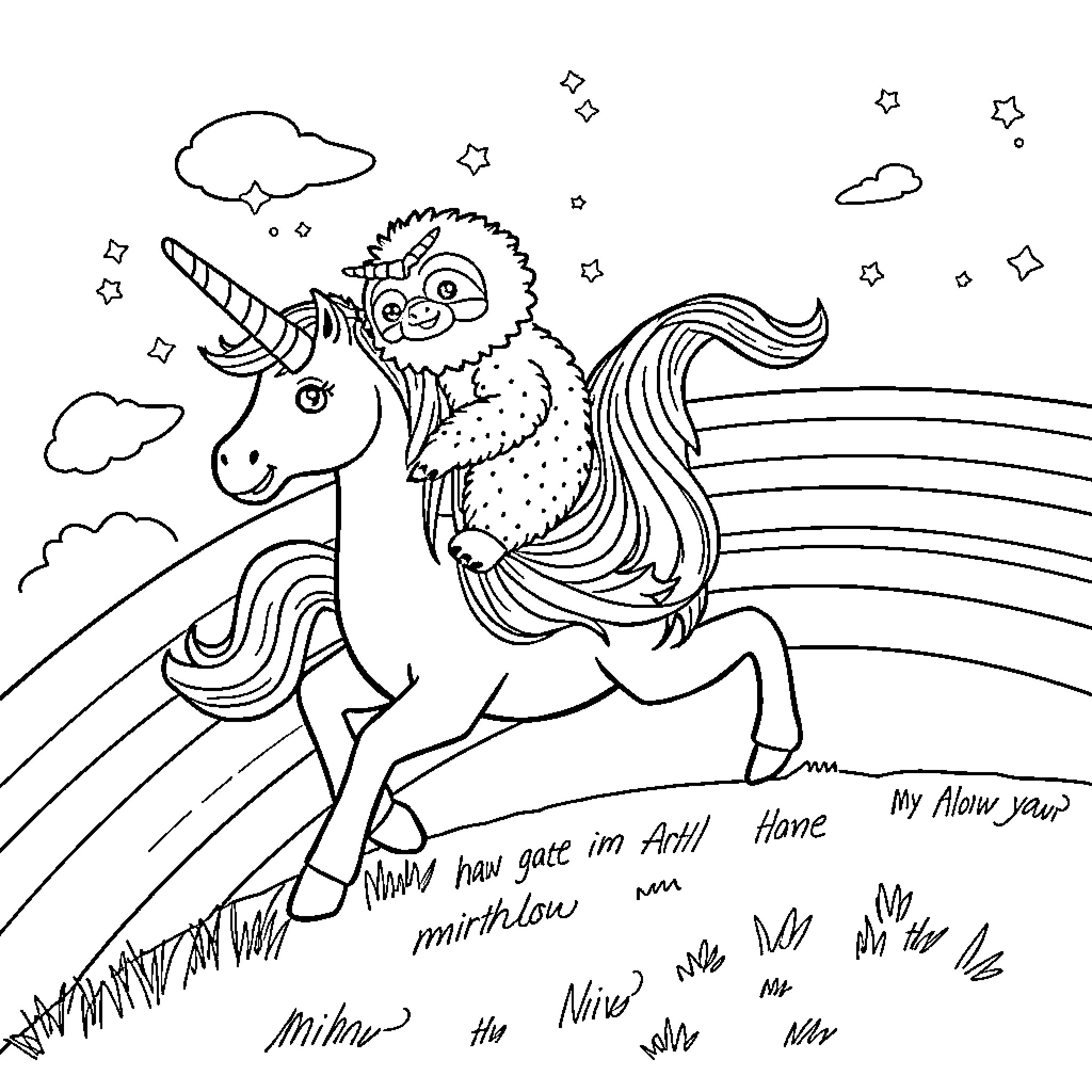 Sloth riding a magical unicorn through a starry night Coloring Page (free black-and-white line drawing printable PDF for all, from beginners to advanced learners, including children, teens, adults, and seniors)