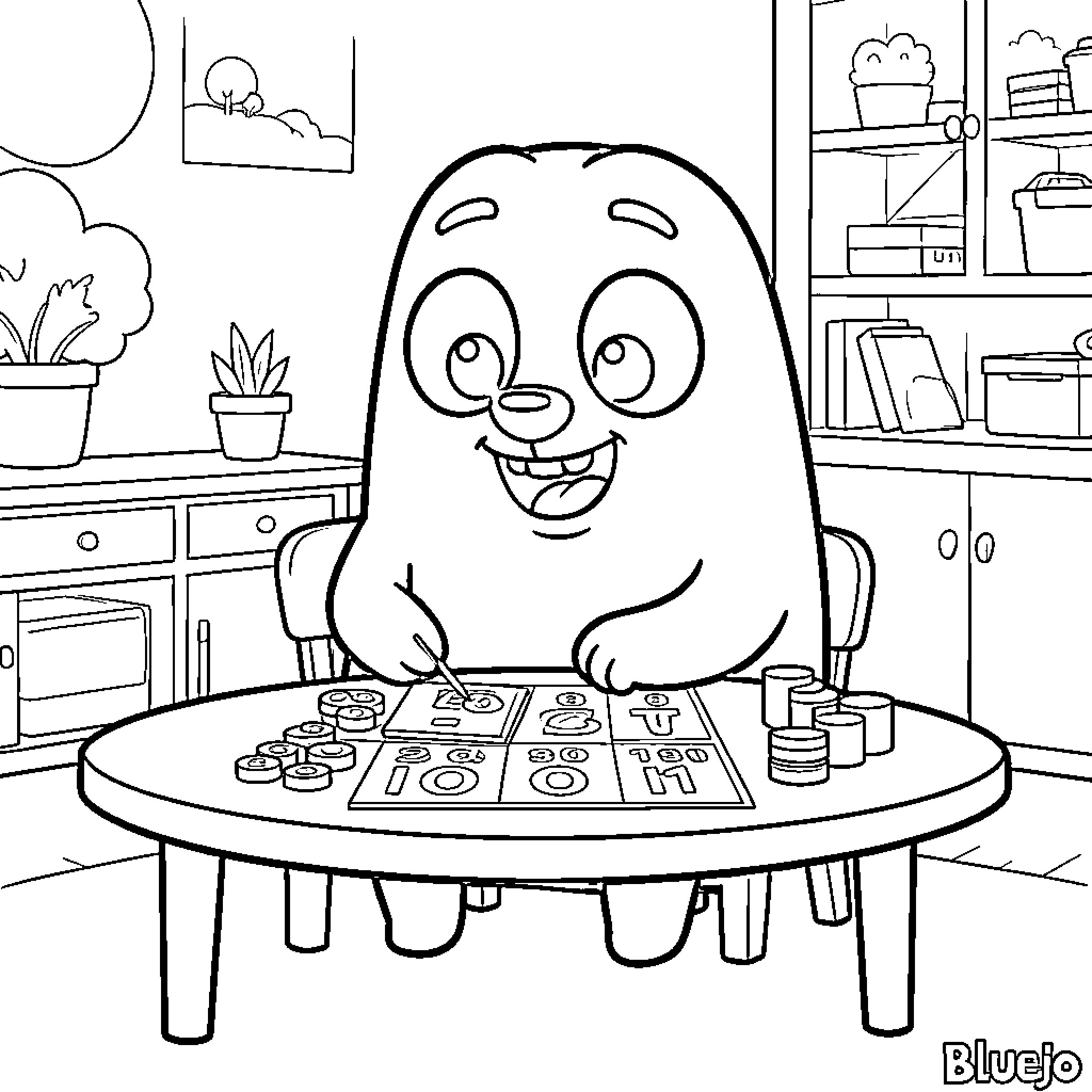 Bingo character happily playing a tabletop game Coloring Page (free black-and-white line drawing printable PDF for all, from beginners to advanced learners, including children, teens, adults, and seniors)