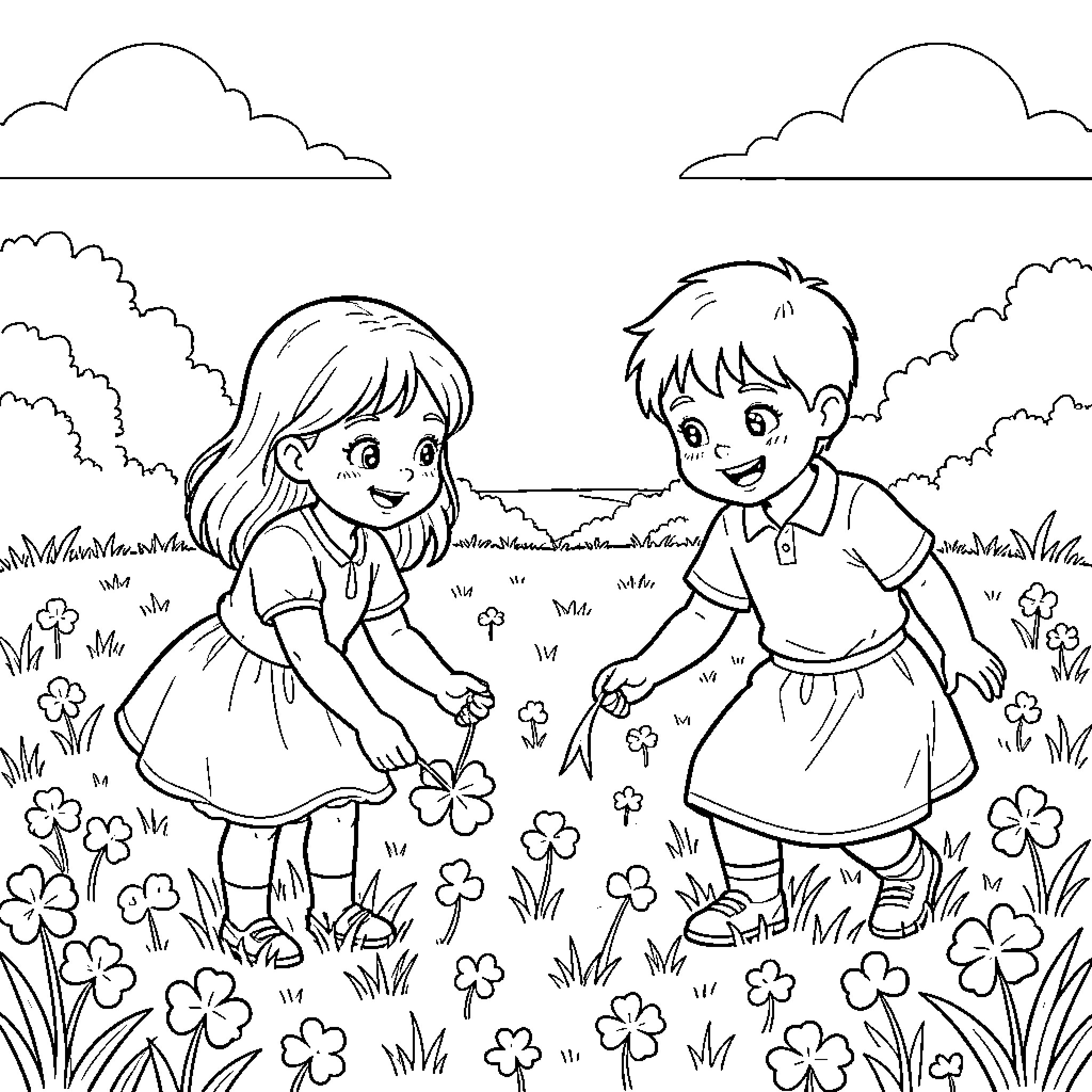 Child siblings playing in a field of flowers Coloring Page (free black-and-white line drawing printable PDF for all, from beginners to advanced learners, including children, teens, adults, and seniors)