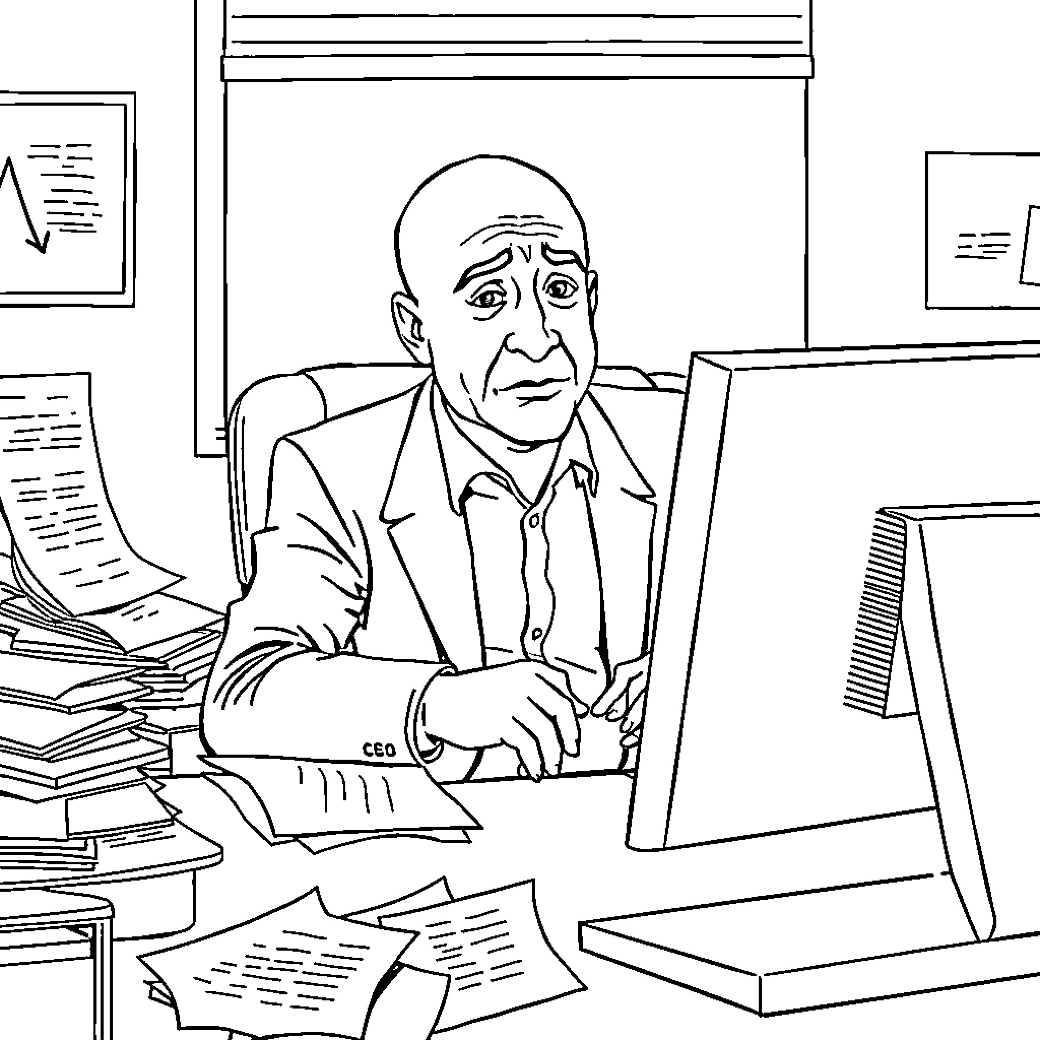 Jeff Bezos working diligently at his desk Coloring Page (free black-and-white line drawing printable PDF for all, from beginners to advanced learners, including children, teens, adults, and seniors)