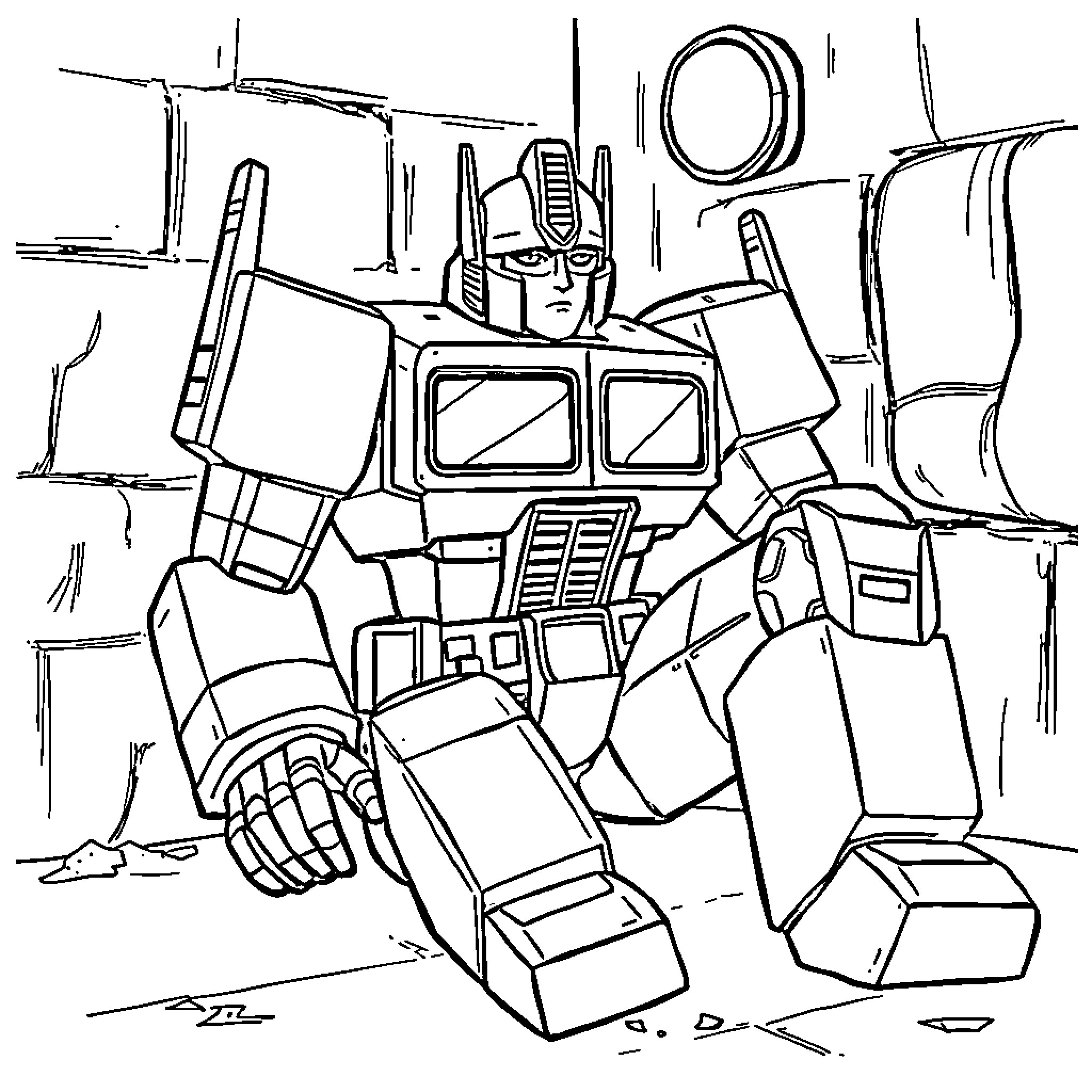 Optimus Prime leading the Autobots into battle Coloring Page (free black-and-white line drawing printable PDF for all, from beginners to advanced learners, including children, teens, adults, and seniors)