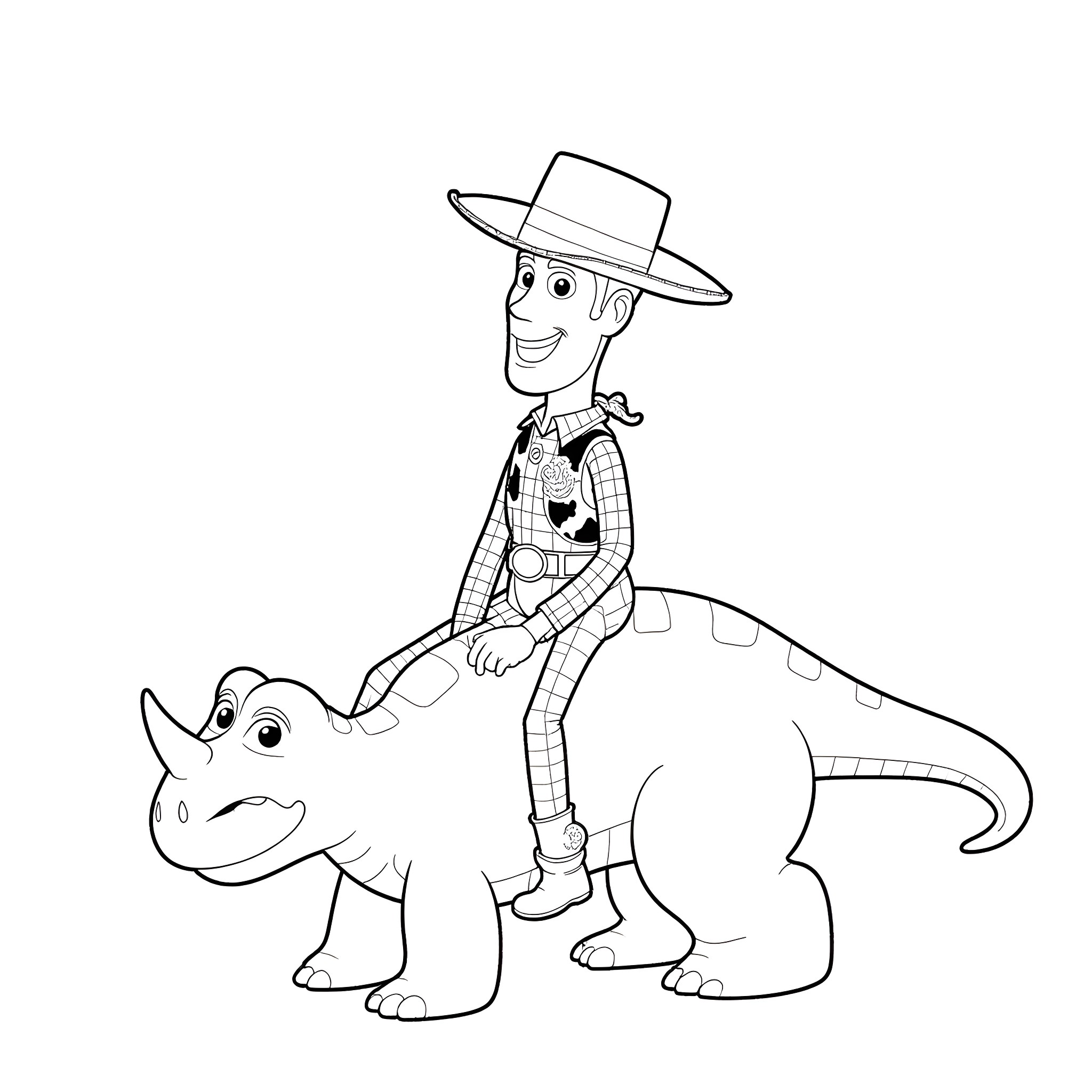 Woody riding a playful dinosaur Coloring Page (free black-and-white line drawing printable PDF for all, from beginners to advanced learners, including children, teens, adults, and seniors)