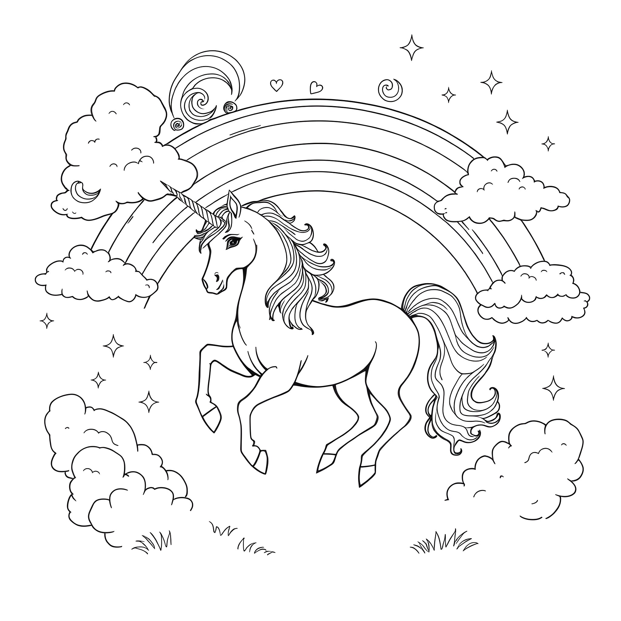 Unicorn prancing under a rainbow with stars Coloring Page (free black-and-white line drawing printable PDF for all, from beginners to advanced learners, including children, teens, adults, and seniors)