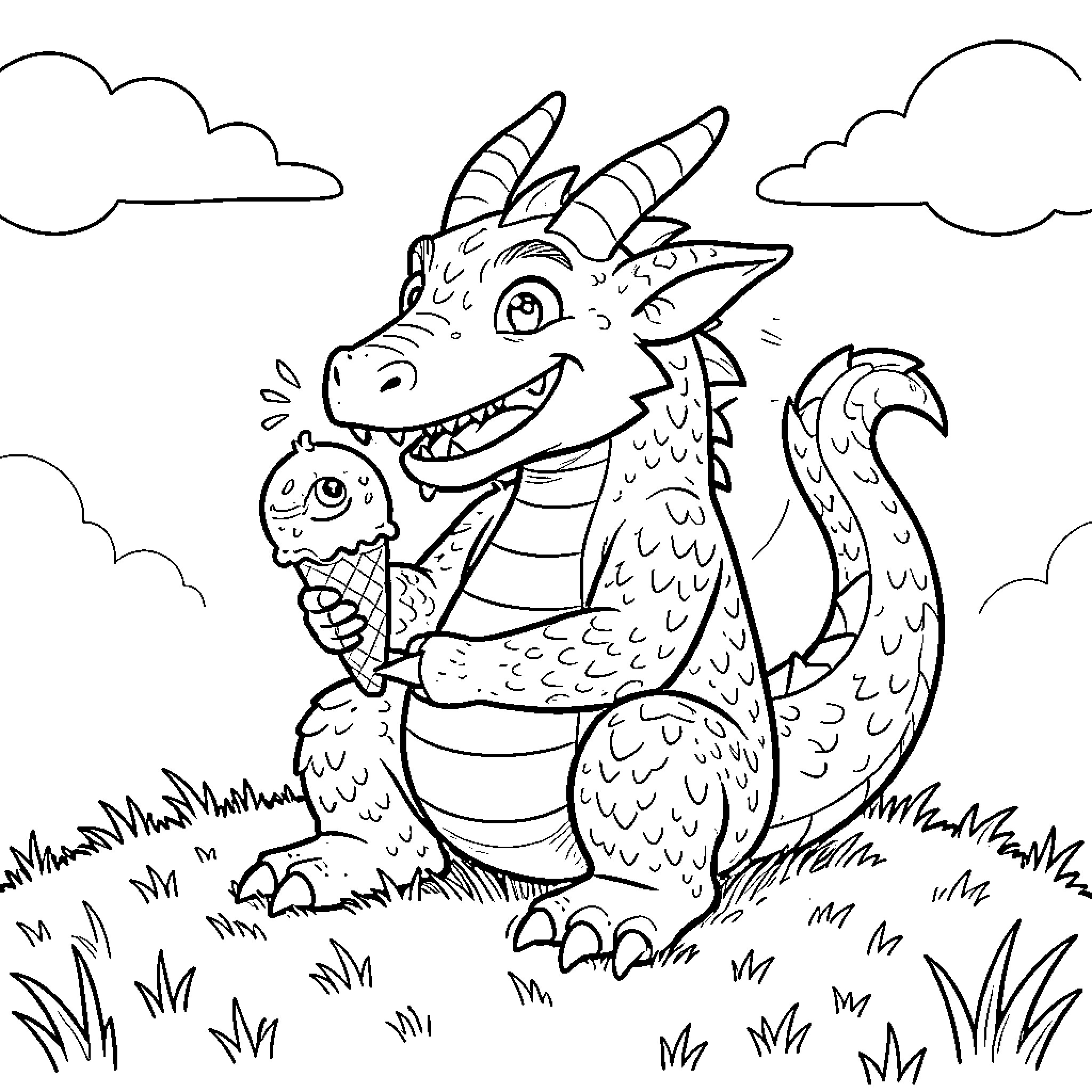 Dragon happily eating a delicious ice cream cone Coloring Page (free black-and-white line drawing printable PDF for all, from beginners to advanced learners, including children, teens, adults, and seniors)
