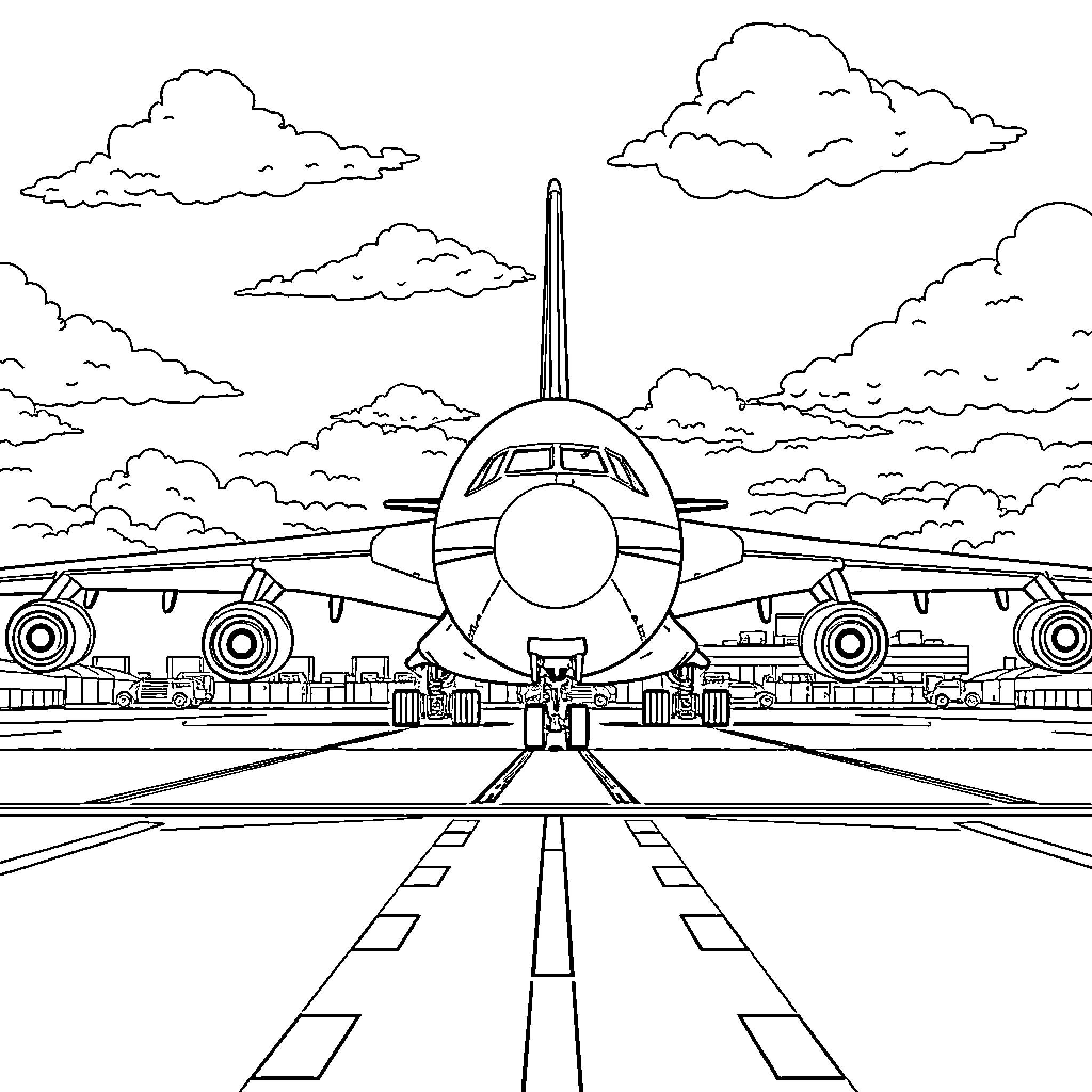 Antonov aircraft on the runway preparing for takeoff Coloring Page (free black-and-white line drawing printable PDF for all, from beginners to advanced learners, including children, teens, adults, and seniors)