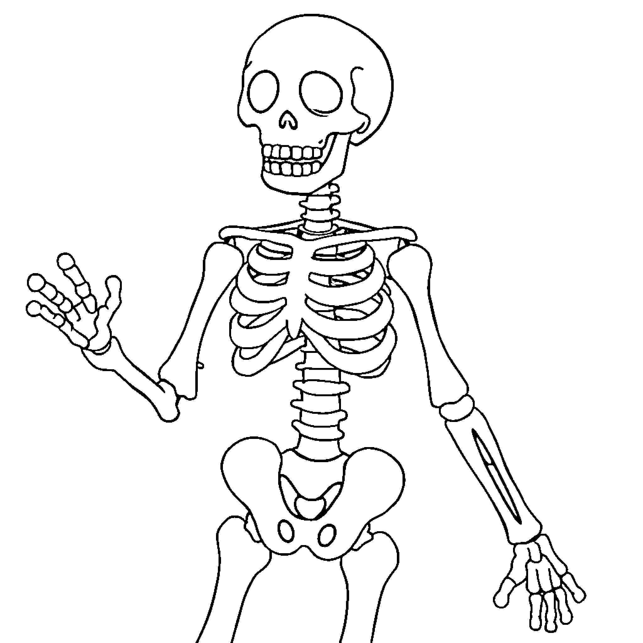 Skeleton waving with arms raised Coloring Page (free black-and-white line drawing printable PDF for all, from beginners to advanced learners, including children, teens, adults, and seniors)