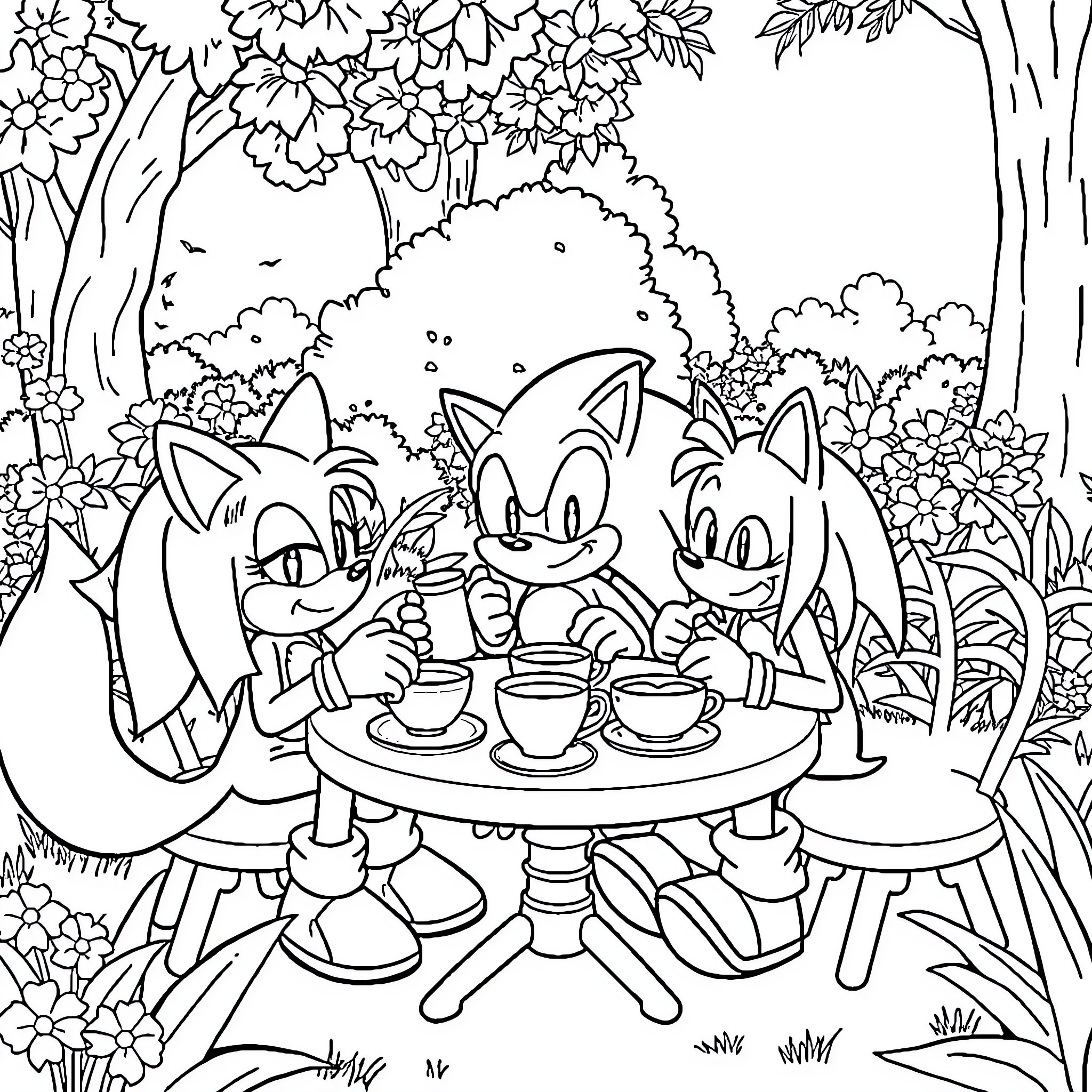 Sonic and friends enjoy a picnic in the forest Coloring Page (free black-and-white line drawing printable PDF for all, from beginners to advanced learners, including children, teens, adults, and seniors)