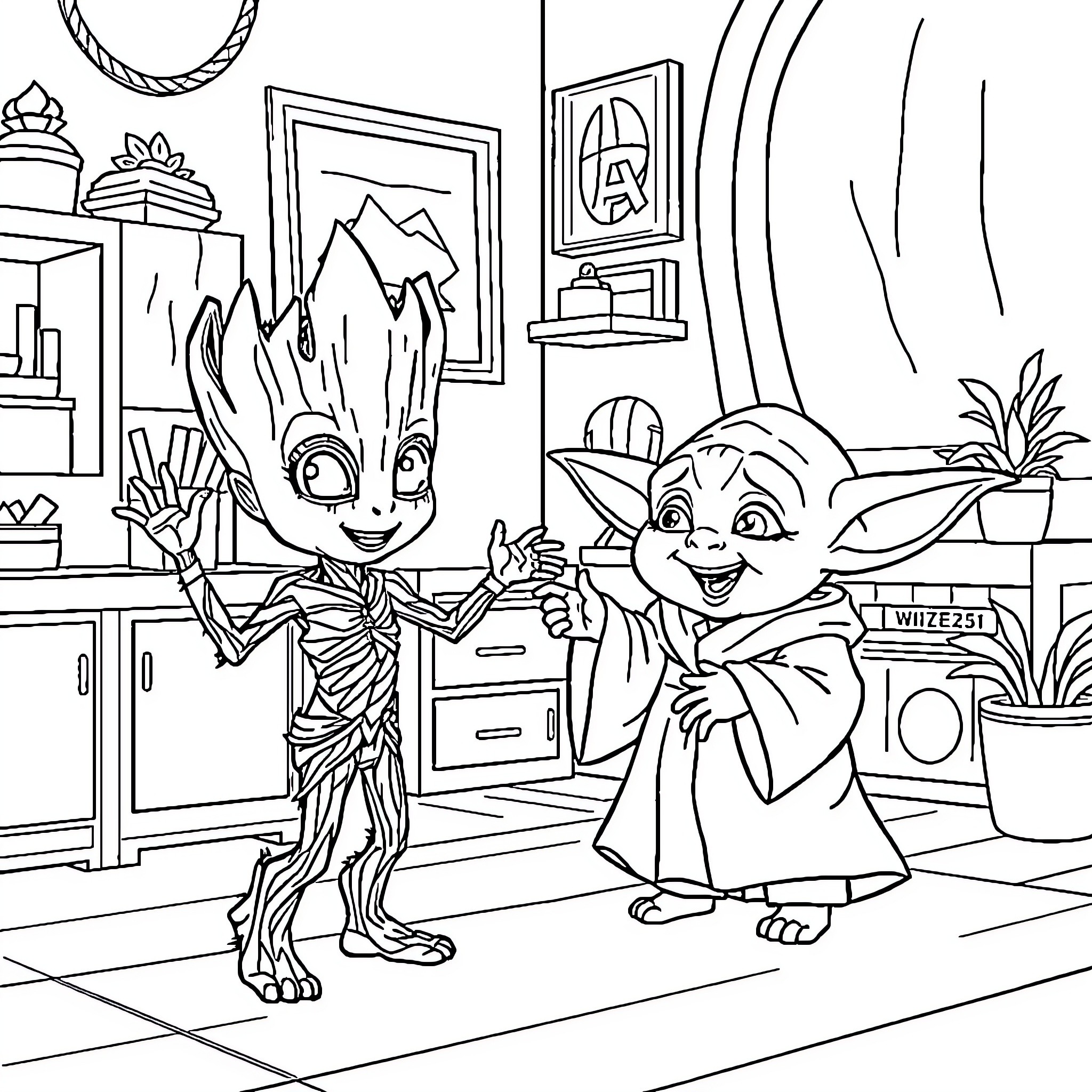 Groot and Baby Yoda explore a cozy room Coloring Page (free black-and-white line drawing printable PDF for all, from beginners to advanced learners, including children, teens, adults, and seniors)