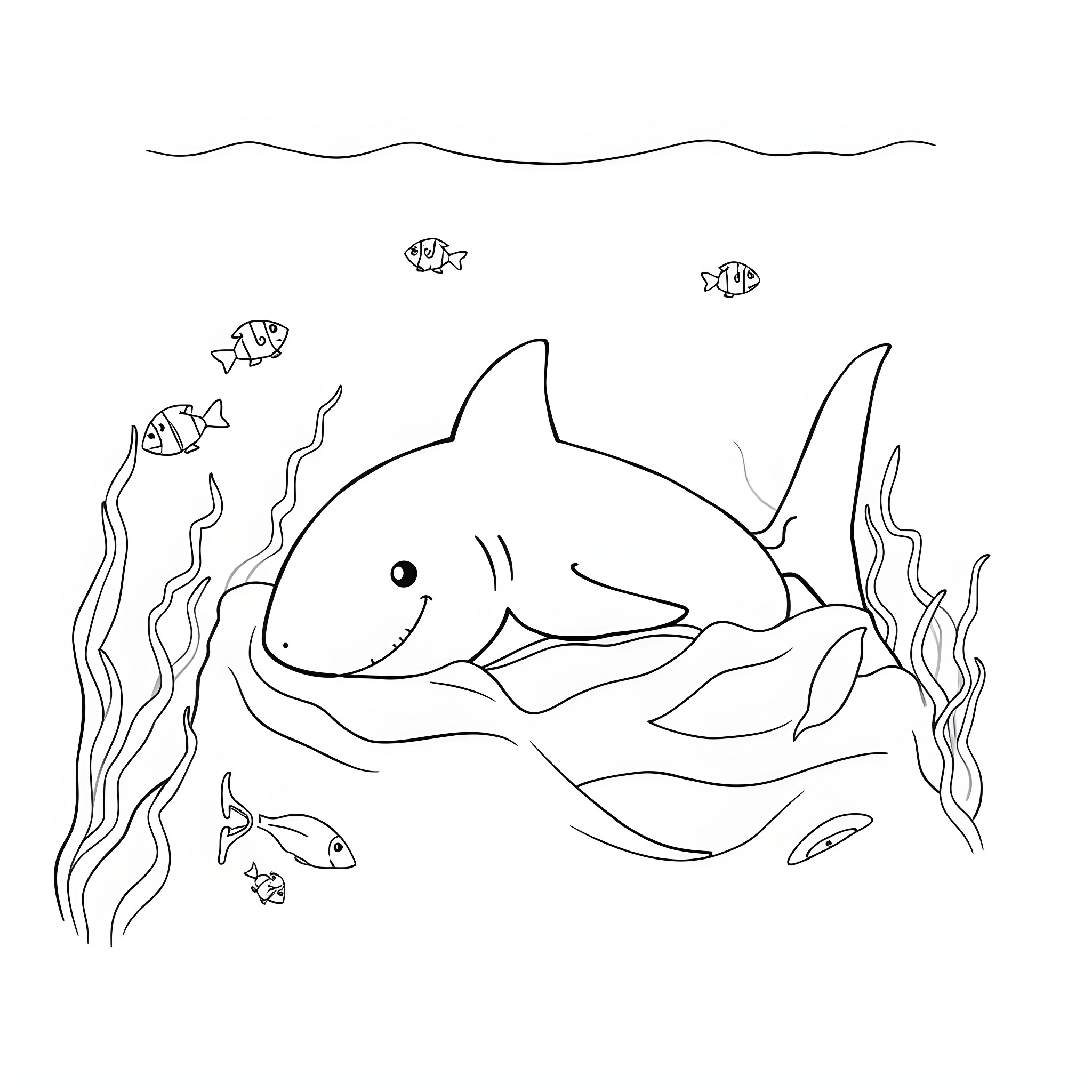 Baby Shark swimming with school of fish Coloring Page (free black-and-white line drawing printable PDF for all, from beginners to advanced learners, including children, teens, adults, and seniors)
