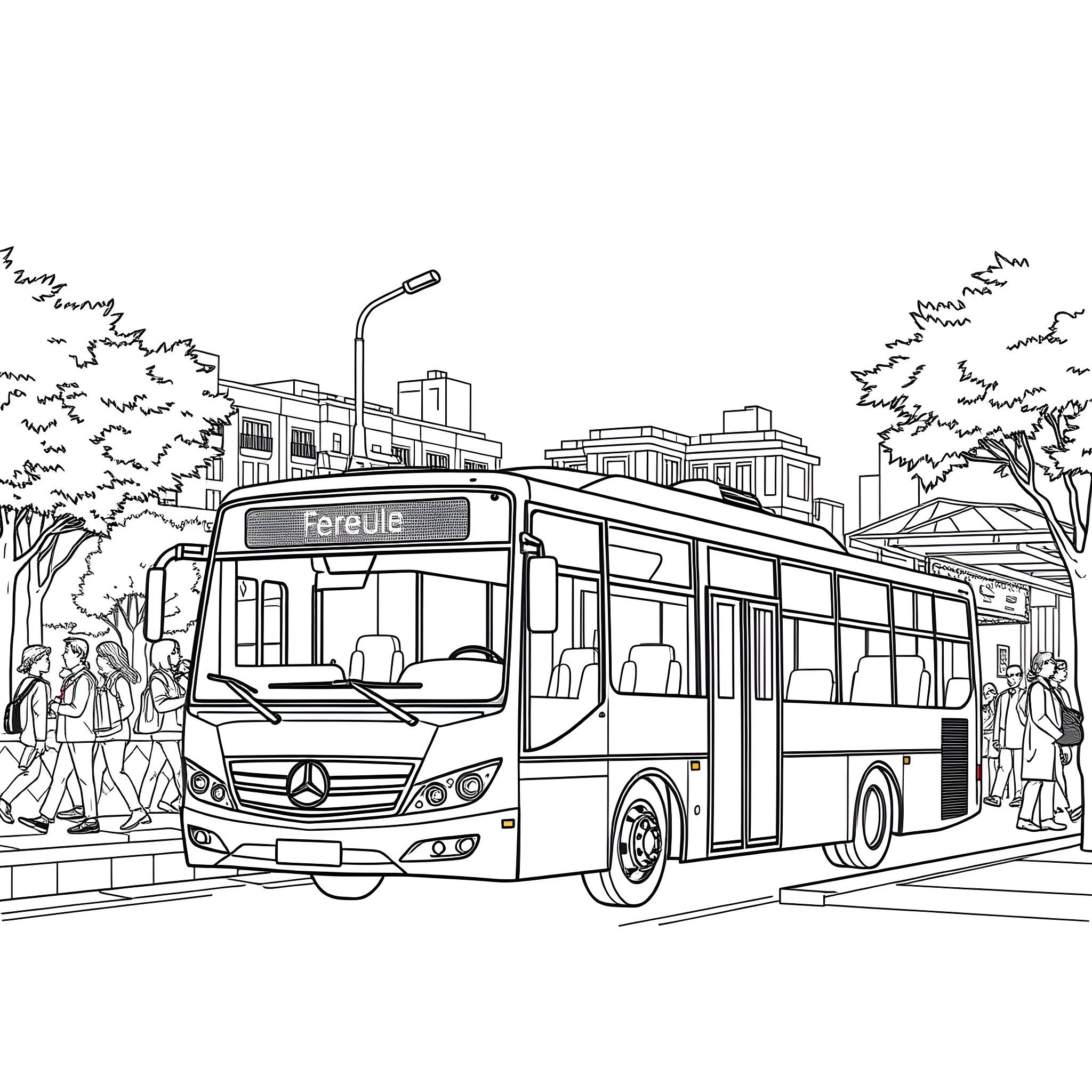 Bus transporting passengers through a busy urban scene Coloring Page (free black-and-white line drawing printable PDF for all, from beginners to advanced learners, including children, teens, adults, and seniors)