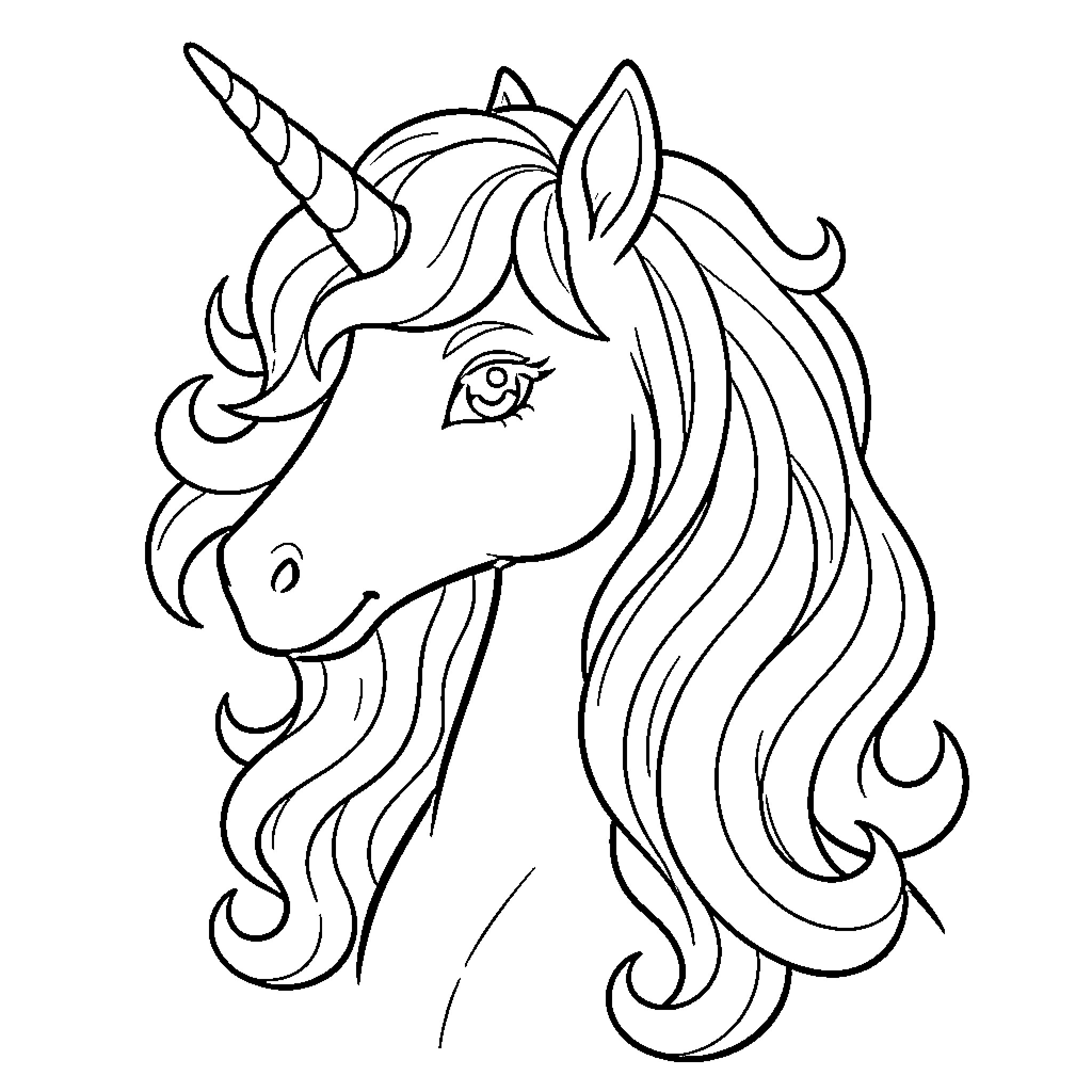 Unicorn with flowing mane and horn Coloring Page (free black-and-white line drawing printable PDF for all, from beginners to advanced learners, including children, teens, adults, and seniors)