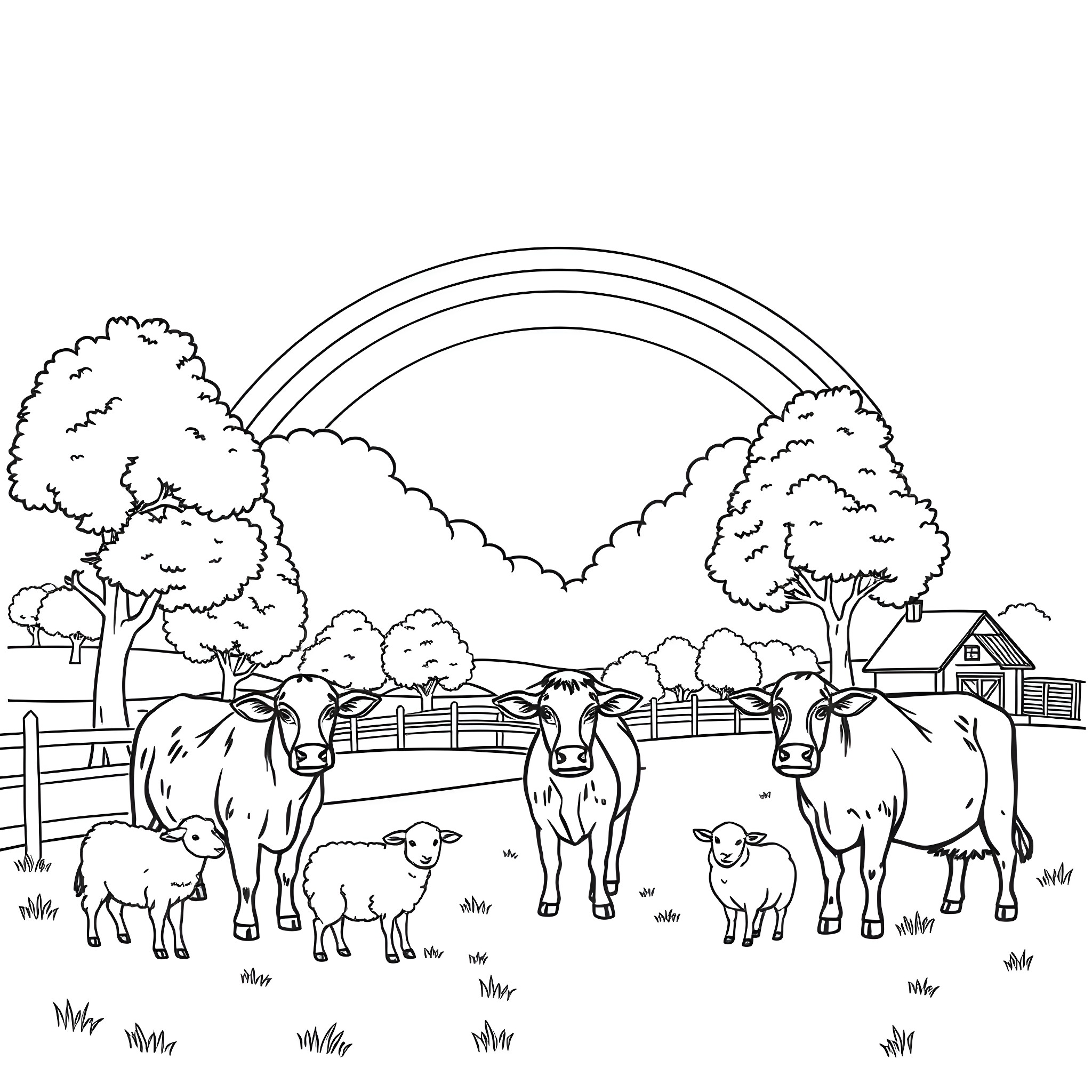 Farm Animals in a Pastoral Landscape Coloring Page (free black-and-white line drawing printable PDF for all, from beginners to advanced learners, including children, teens, adults, and seniors)