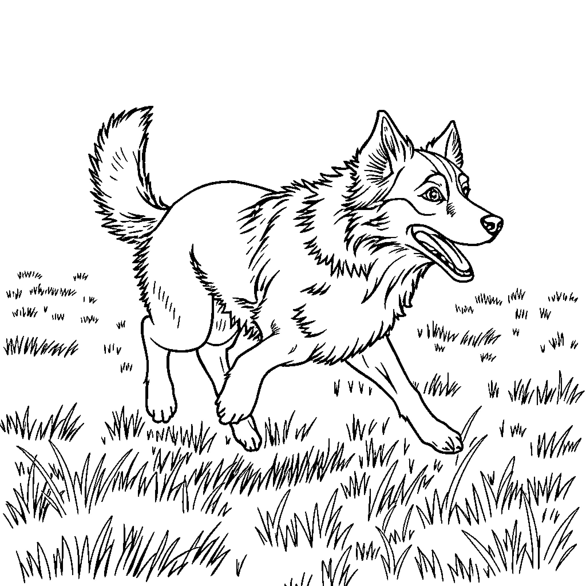 Australian Shepherd running in the grass Coloring Page (free black-and-white line drawing printable PDF for all, from beginners to advanced learners, including children, teens, adults, and seniors)