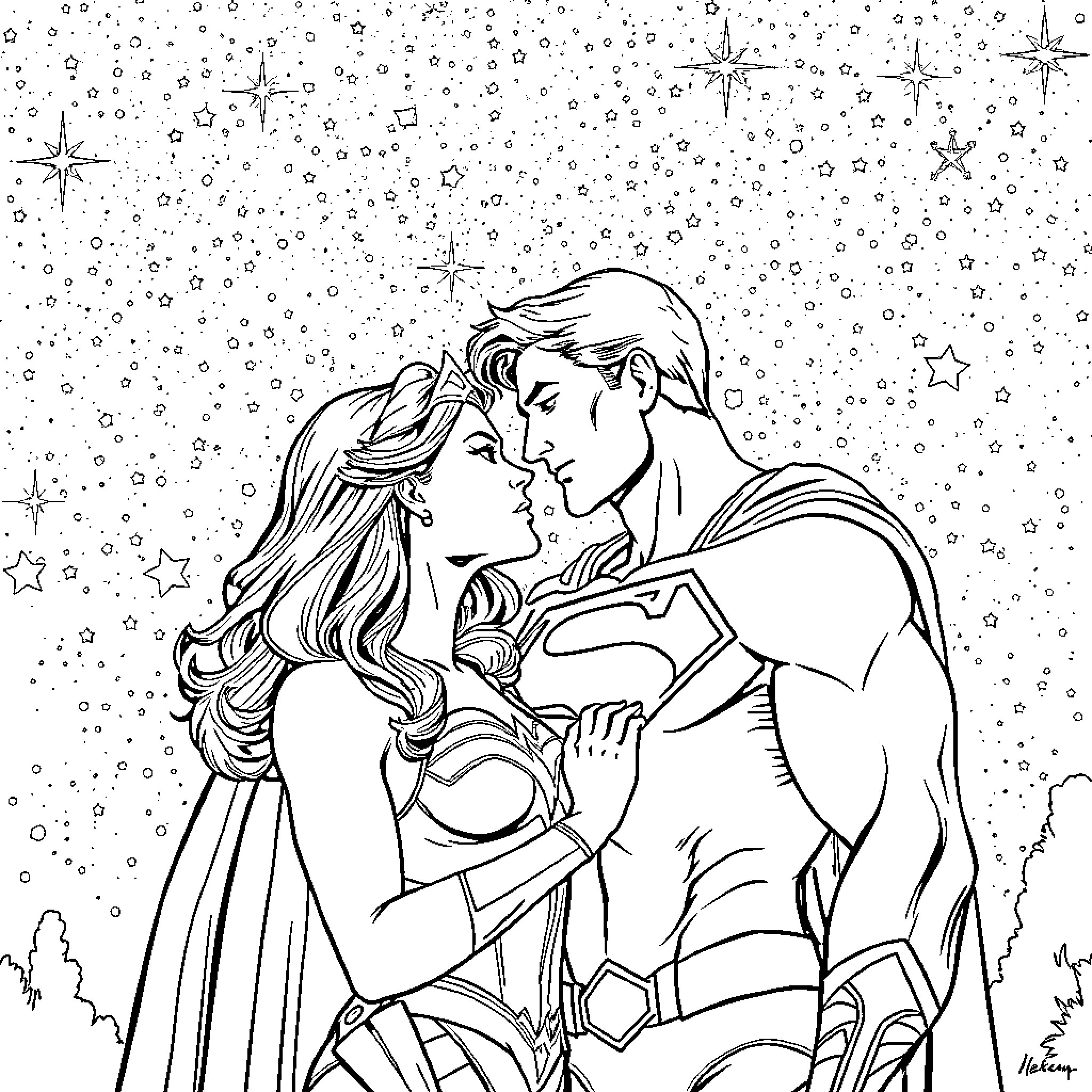 Superman and Heroine Kissing under Starry Sky Coloring Page (free black-and-white line drawing printable PDF for all, from beginners to advanced learners, including children, teens, adults, and seniors)