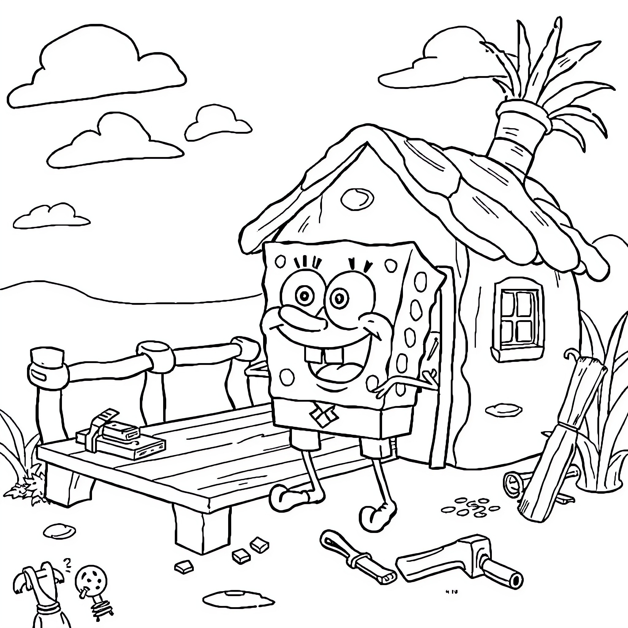 Spongebob's Whimsical Outdoor Workshop Coloring Page (free black-and-white line drawing printable PDF for all, from beginners to advanced learners, including children, teens, adults, and seniors)
