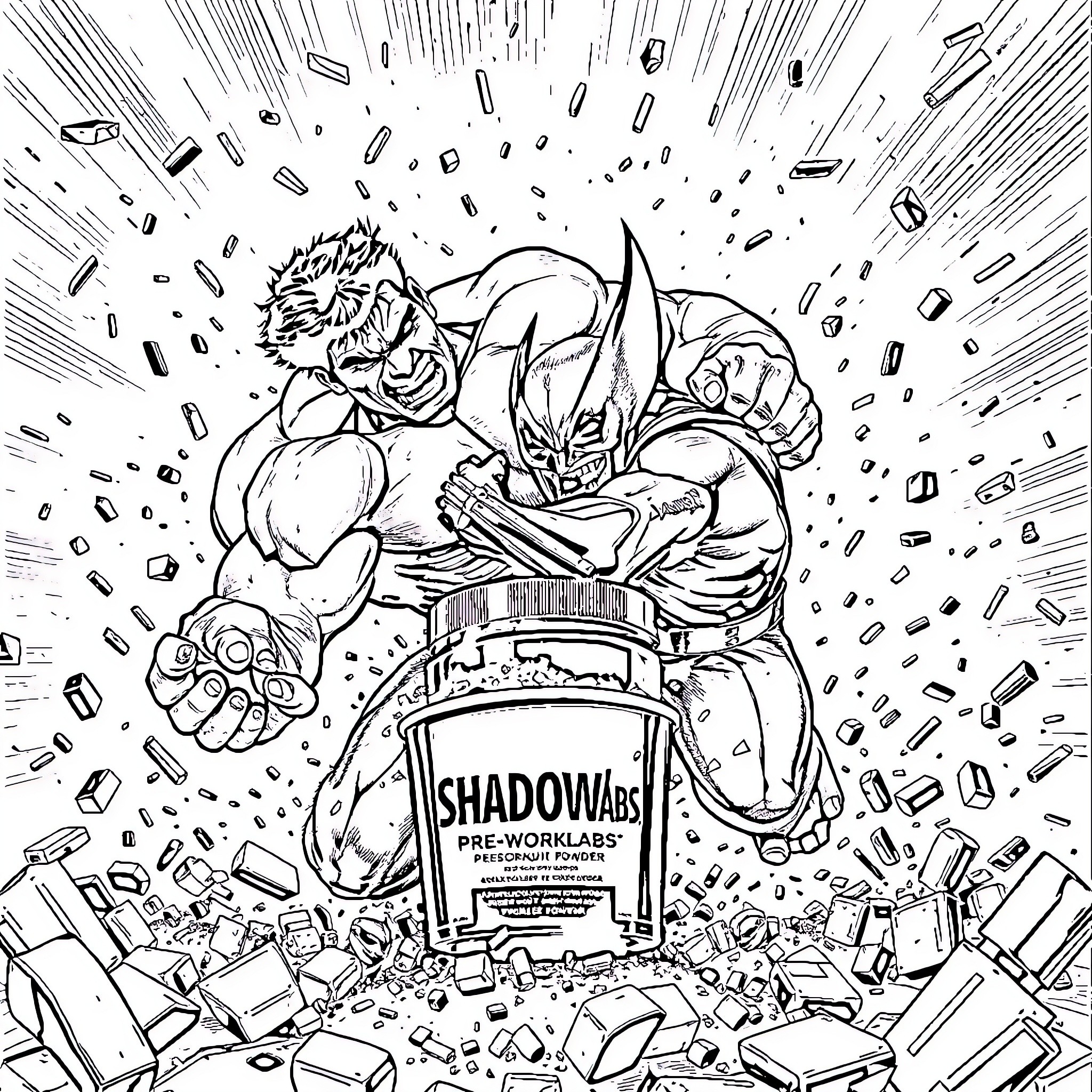 Hulk Unleashing Powerful Explosion from Container Coloring Page (free black-and-white line drawing printable PDF for all, from beginners to advanced learners, including children, teens, adults, and seniors)