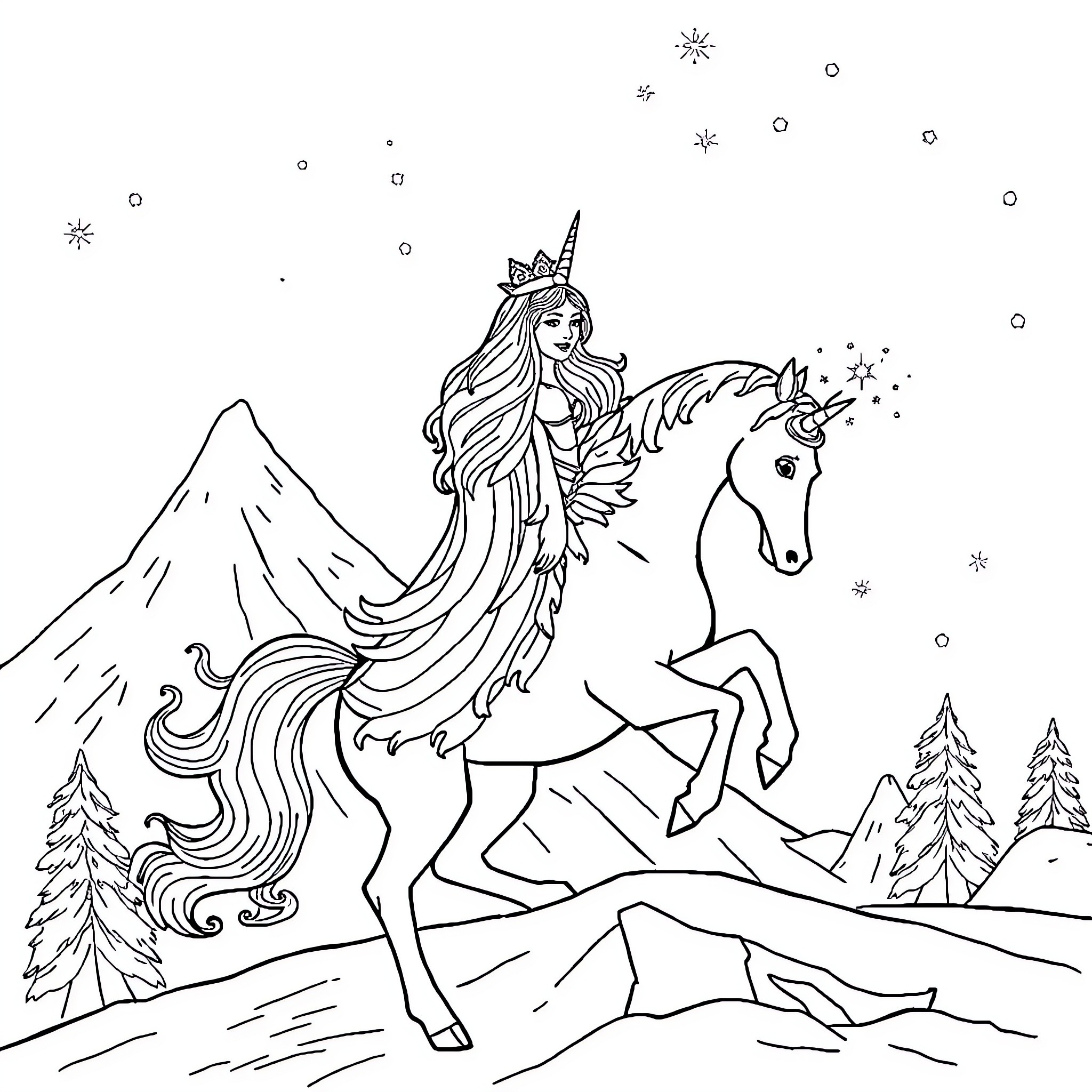 Snow Queen riding a majestic unicorn through the winter wonderland Coloring Page (free black-and-white line drawing printable PDF for all, from beginners to advanced learners, including children, teens, adults, and seniors)