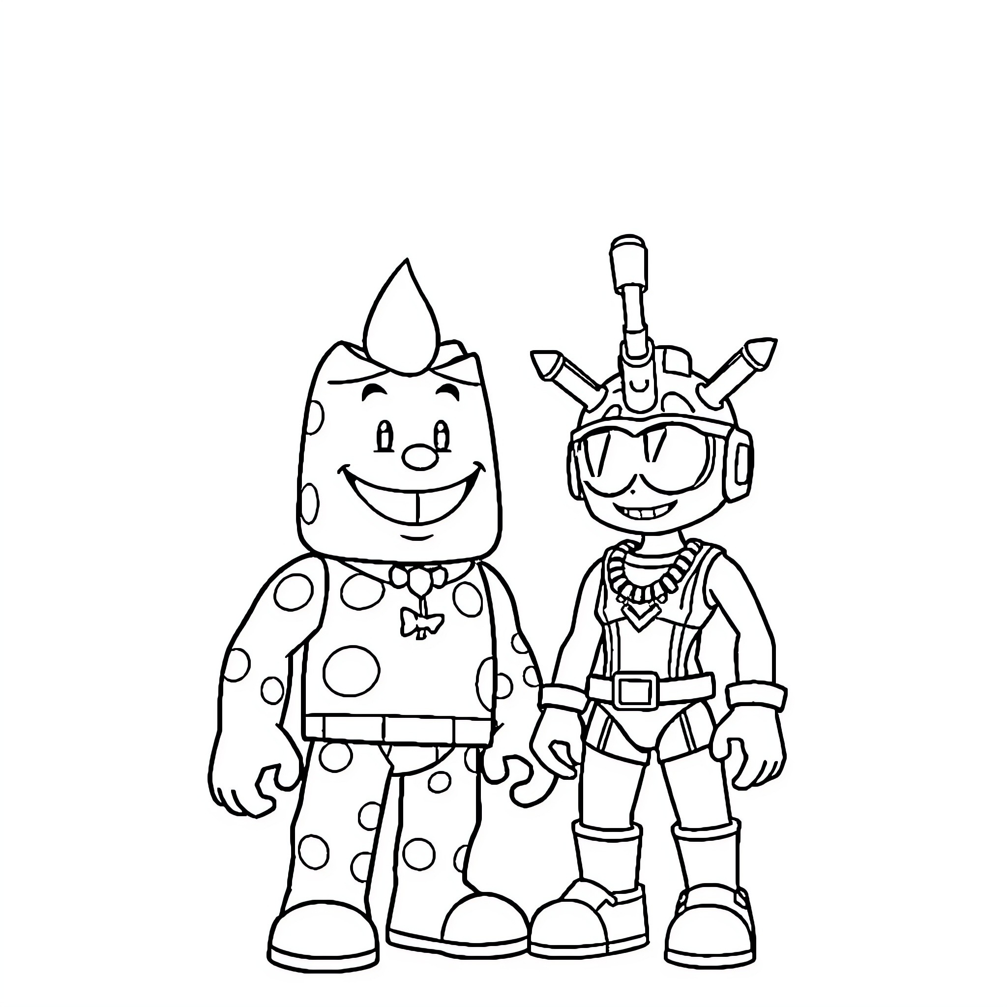 Mongo Blox characters in fun outfits Coloring Page (free black-and-white line drawing printable PDF for all, from beginners to advanced learners, including children, teens, adults, and seniors)