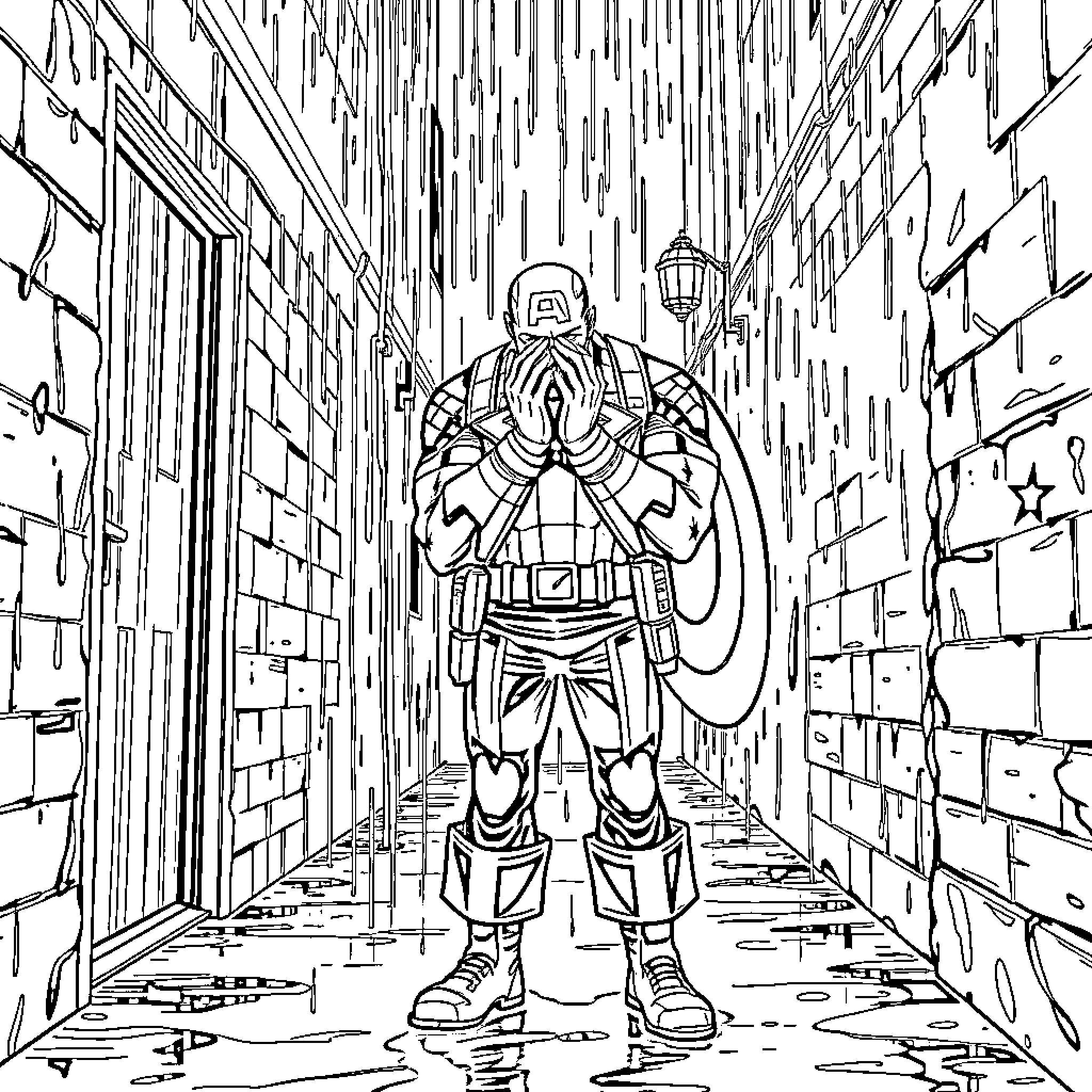 Captain America Defies the Rainstorm in the Alleyway Coloring Page (free black-and-white line drawing printable PDF for all, from beginners to advanced learners, including children, teens, adults, and seniors)