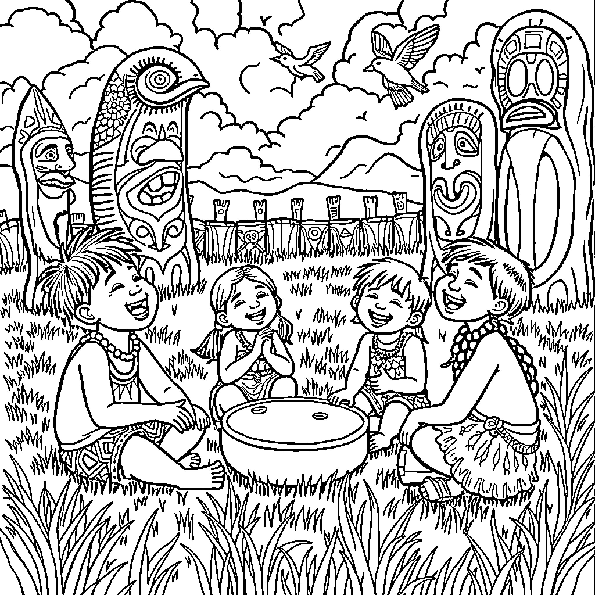 Kid having a picnic in a colorful tribal landscape Coloring Page (free black-and-white line drawing printable PDF for all, from beginners to advanced learners, including children, teens, adults, and seniors)