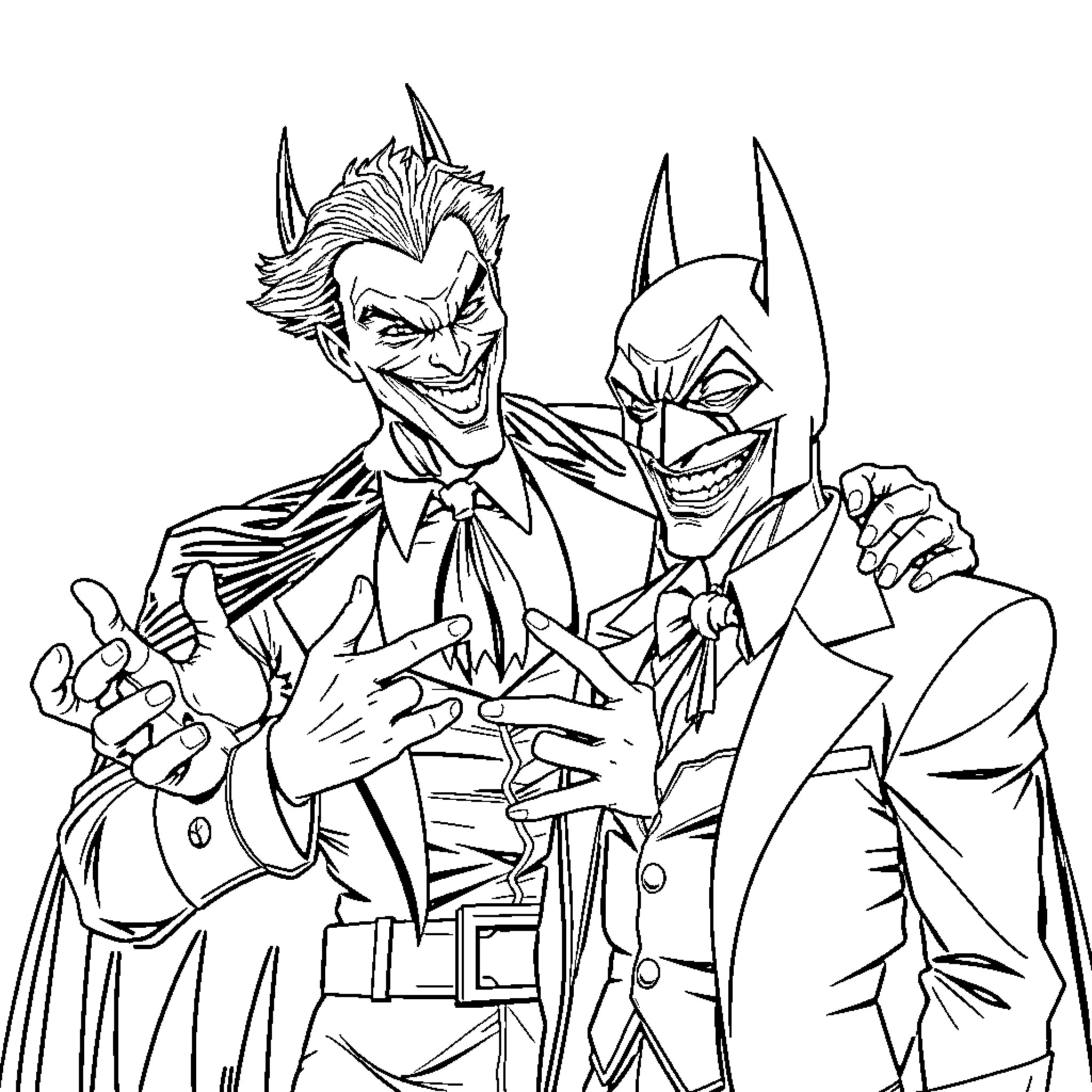 Joker and Batman in Comedic Confrontation Coloring Page (free black-and-white line drawing printable PDF for all, from beginners to advanced learners, including children, teens, adults, and seniors)