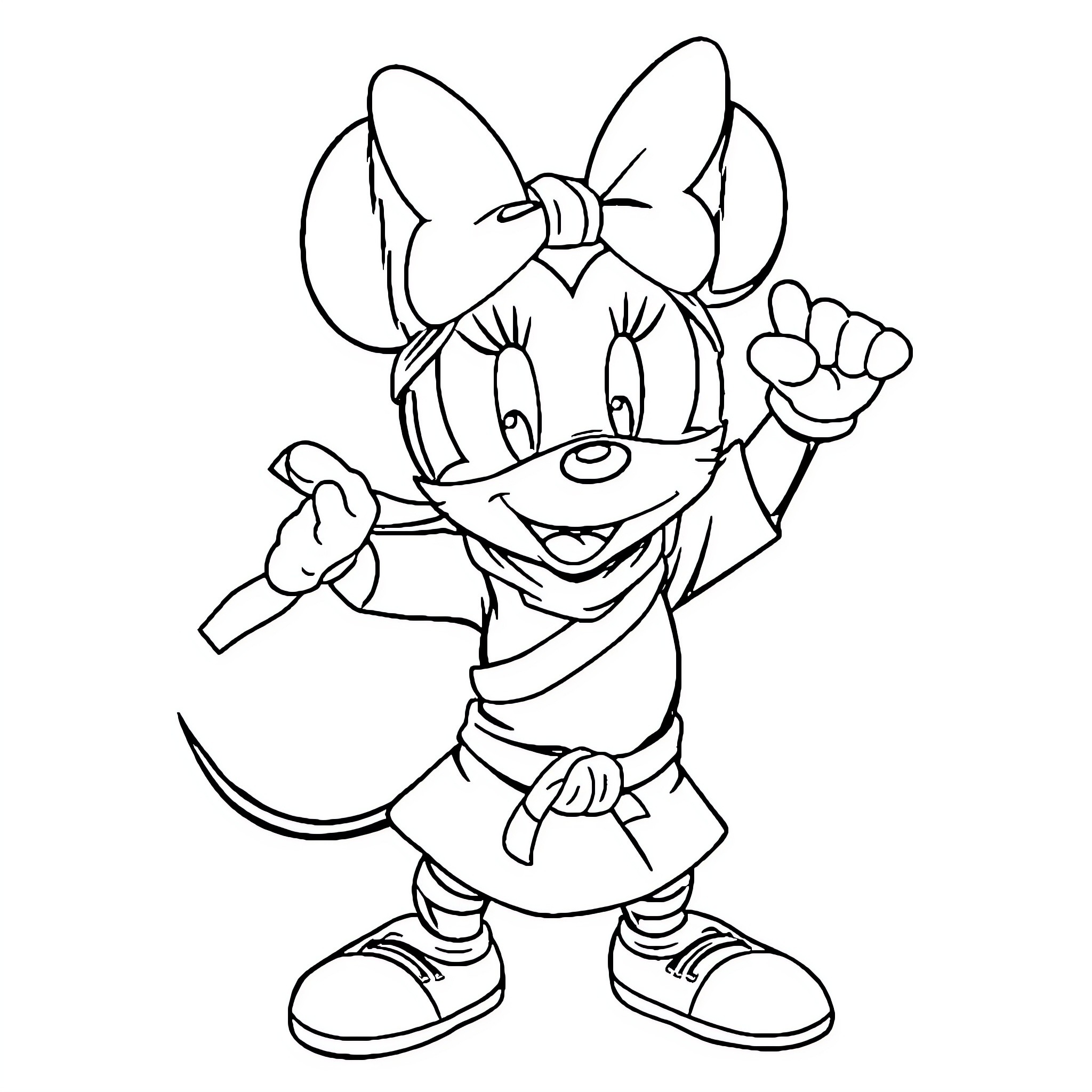 Minnie Mouse happily waving and posing Coloring Page (free black-and-white line drawing printable PDF for all, from beginners to advanced learners, including children, teens, adults, and seniors)
