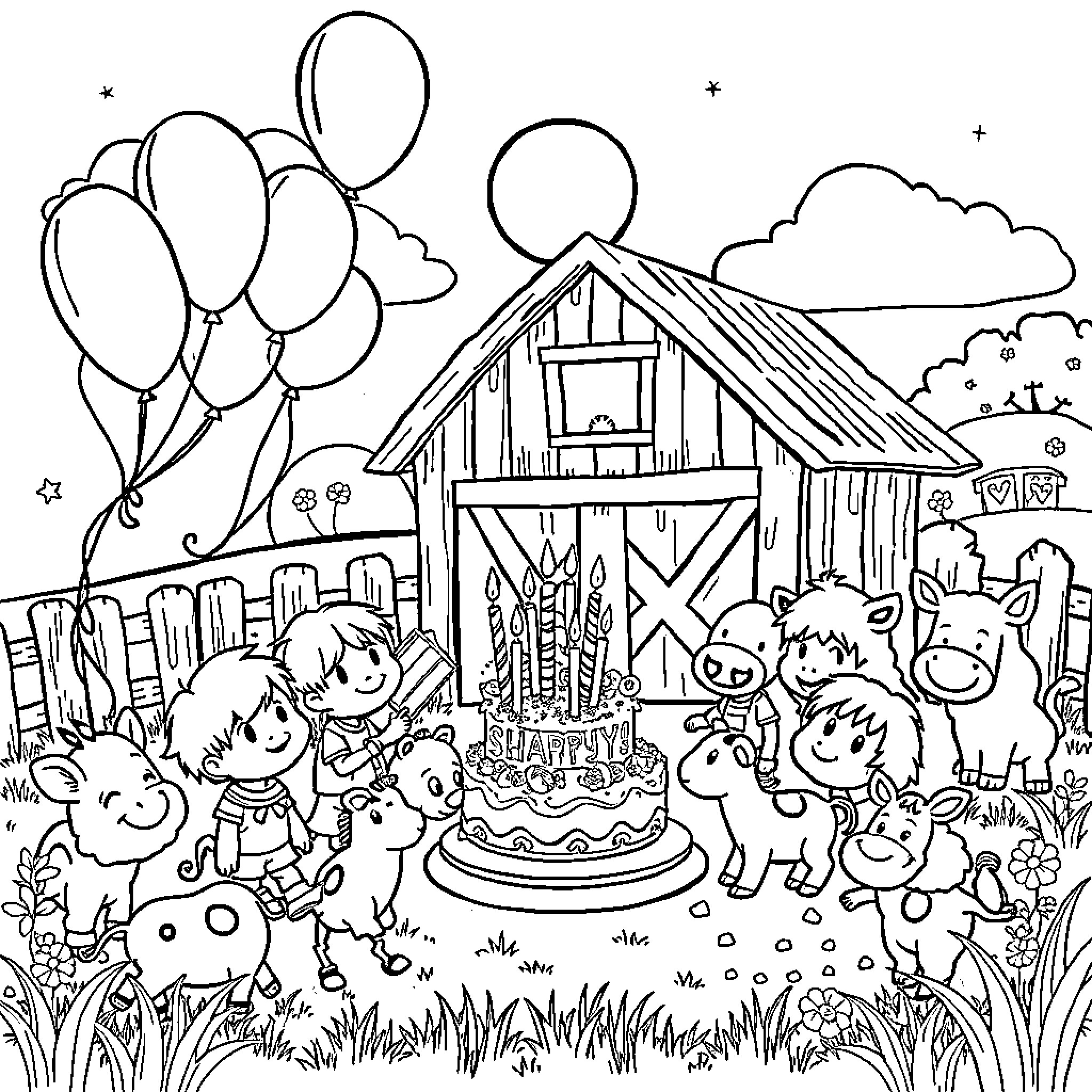 Toddler's Birthday Party on the Farm Coloring Page (free black-and-white line drawing printable PDF for all, from beginners to advanced learners, including children, teens, adults, and seniors)