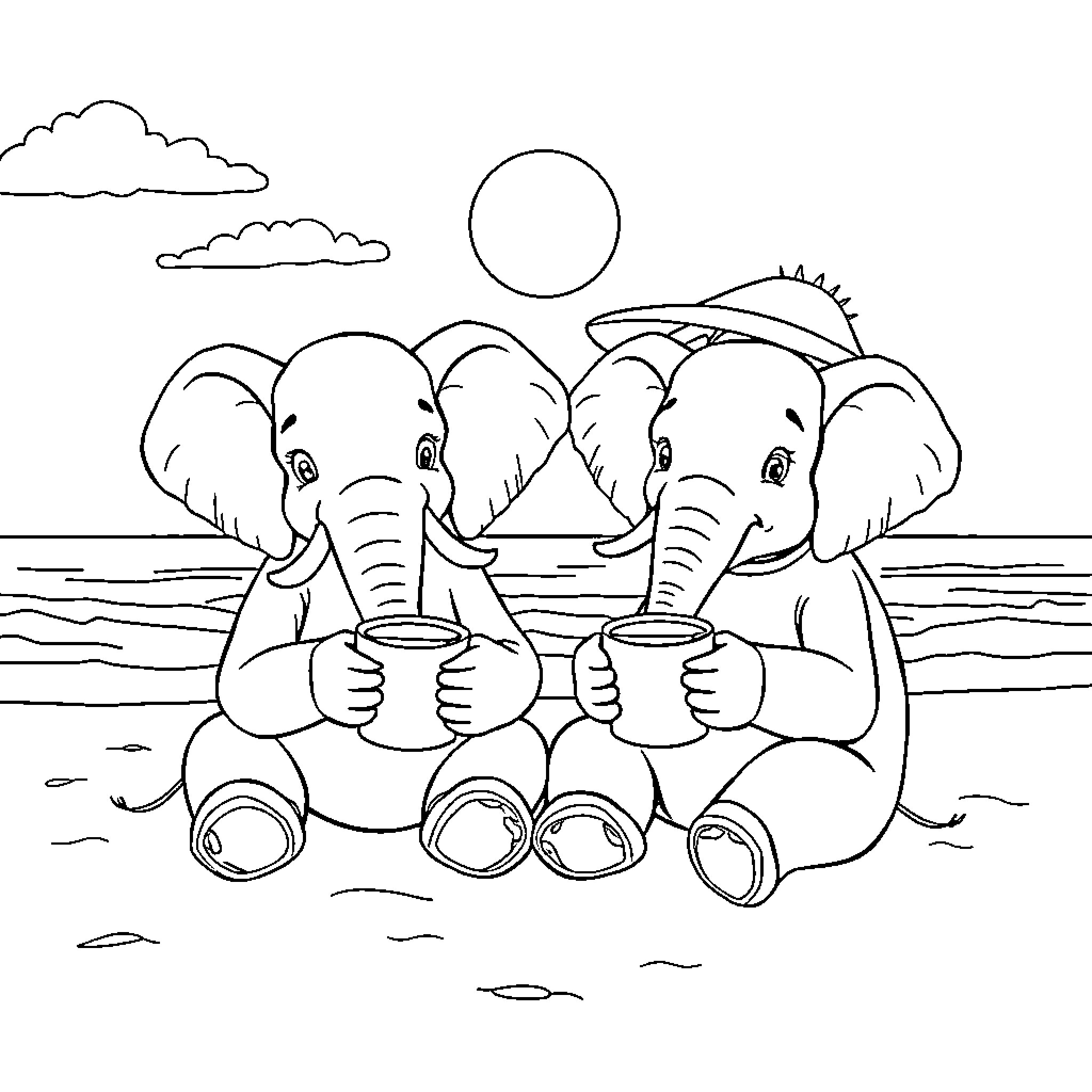 Elephant friends sharing drinks on the beach Coloring Page (free black-and-white line drawing printable PDF for all, from beginners to advanced learners, including children, teens, adults, and seniors)