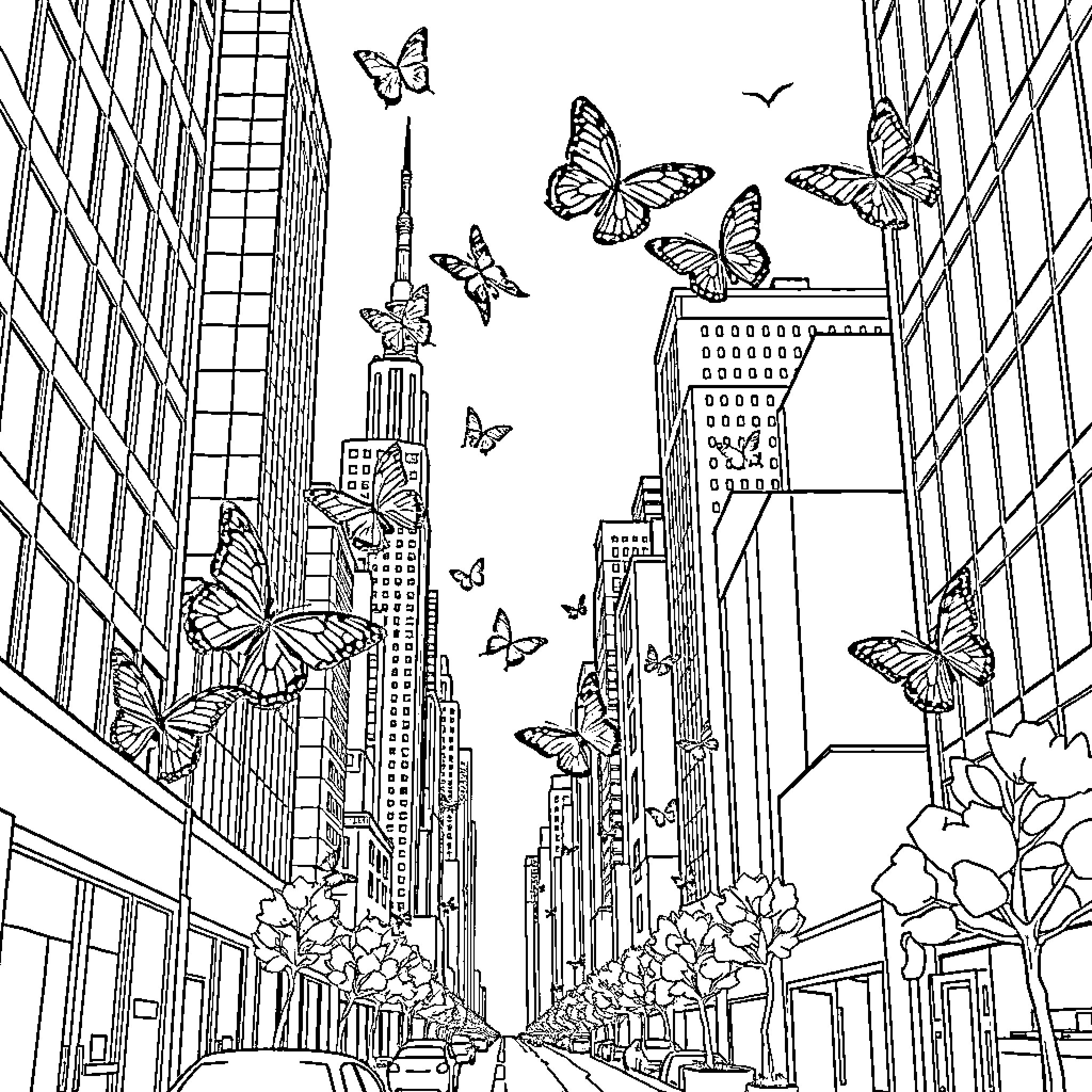 Butterfly Journey Through the City Skyline Coloring Page (free black-and-white line drawing printable PDF for all, from beginners to advanced learners, including children, teens, adults, and seniors)