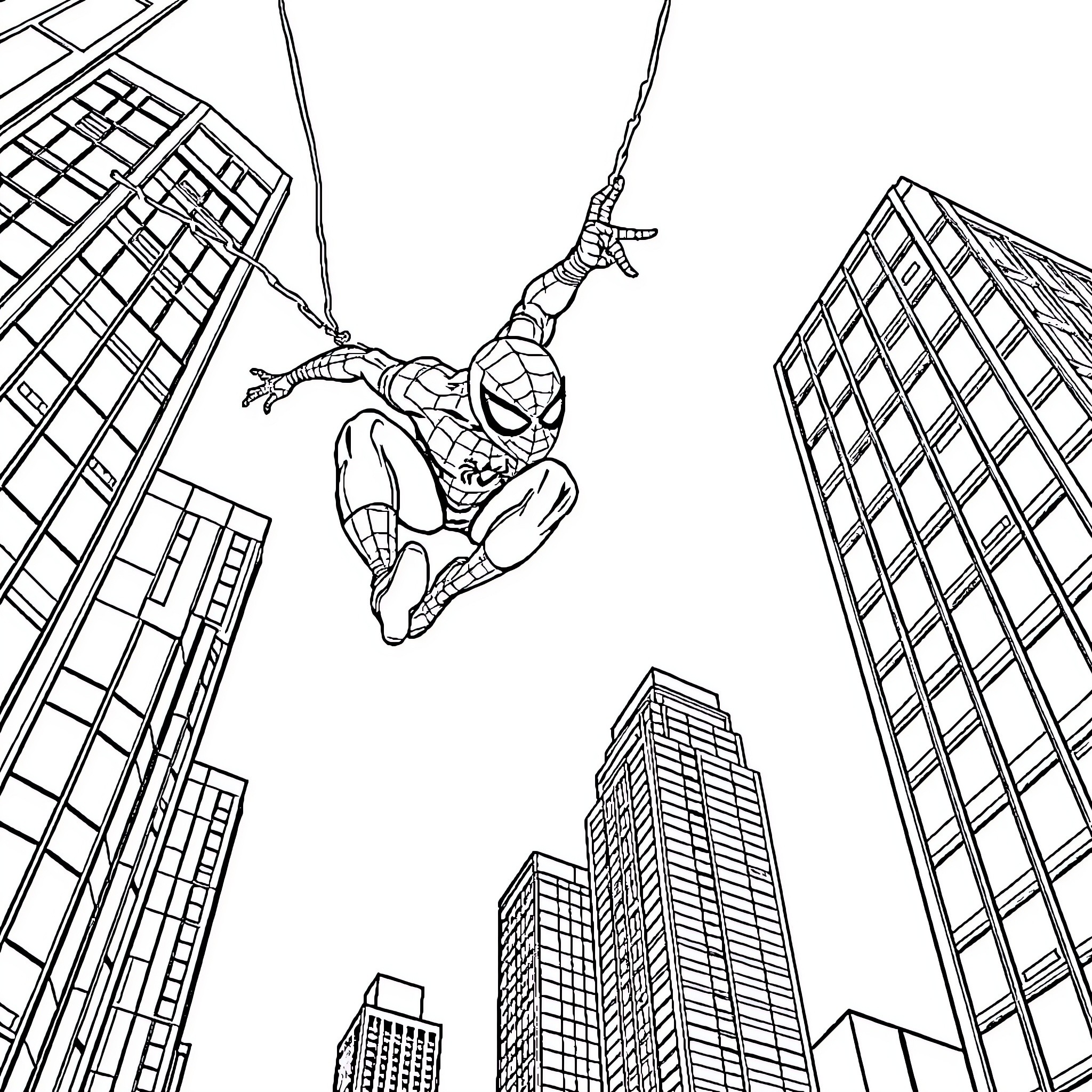Spiderman swinging through the city skyline Coloring Page (free black-and-white line drawing printable PDF for all, from beginners to advanced learners, including children, teens, adults, and seniors)