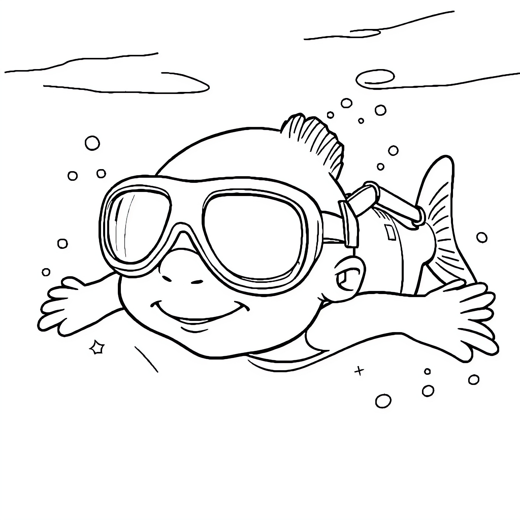 Jack enjoying a fun day swimming underwater Coloring Page (free black-and-white line drawing printable PDF for all, from beginners to advanced learners, including children, teens, adults, and seniors)