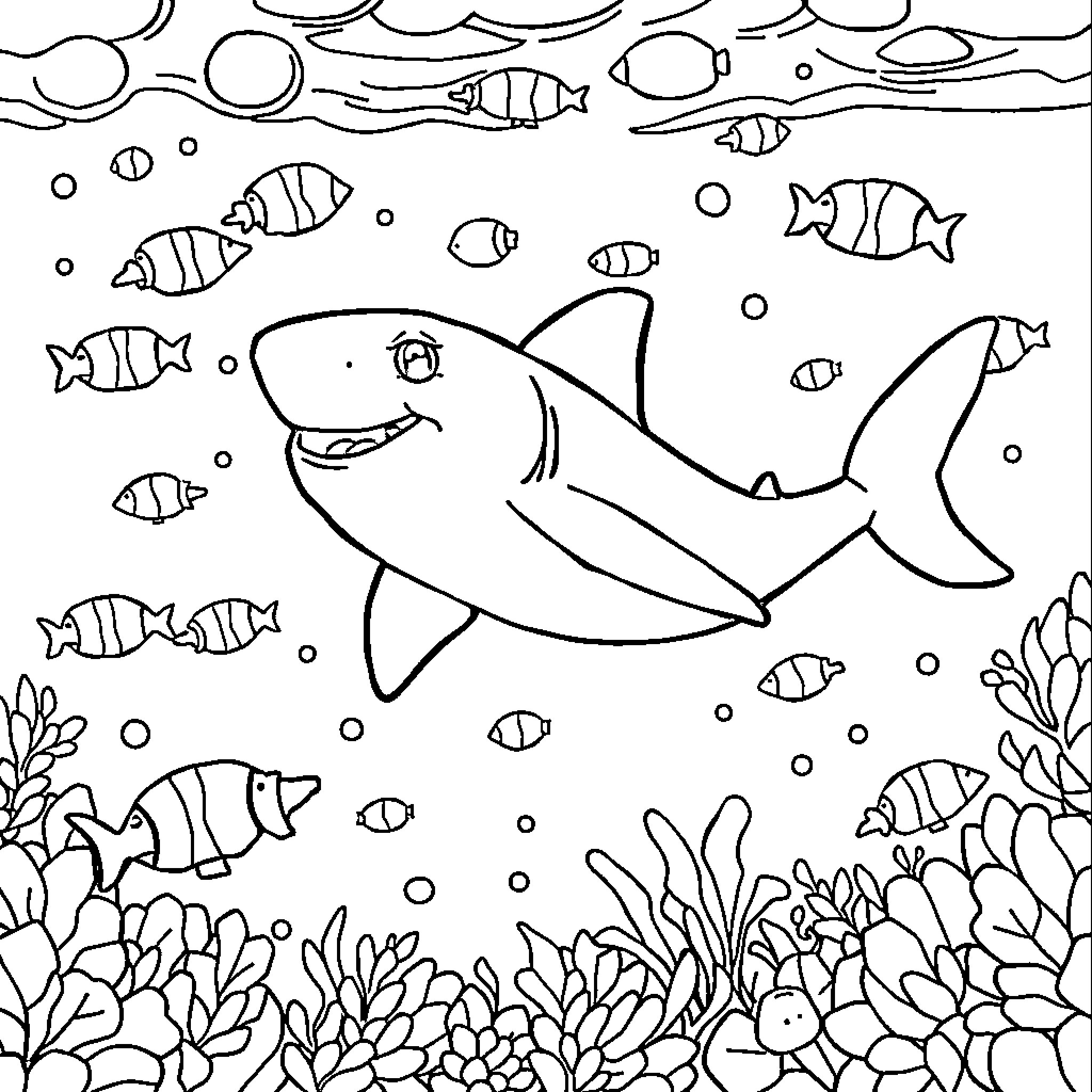 Shark swimming with colorful fish in the ocean Coloring Page (free black-and-white line drawing printable PDF for all, from beginners to advanced learners, including children, teens, adults, and seniors)