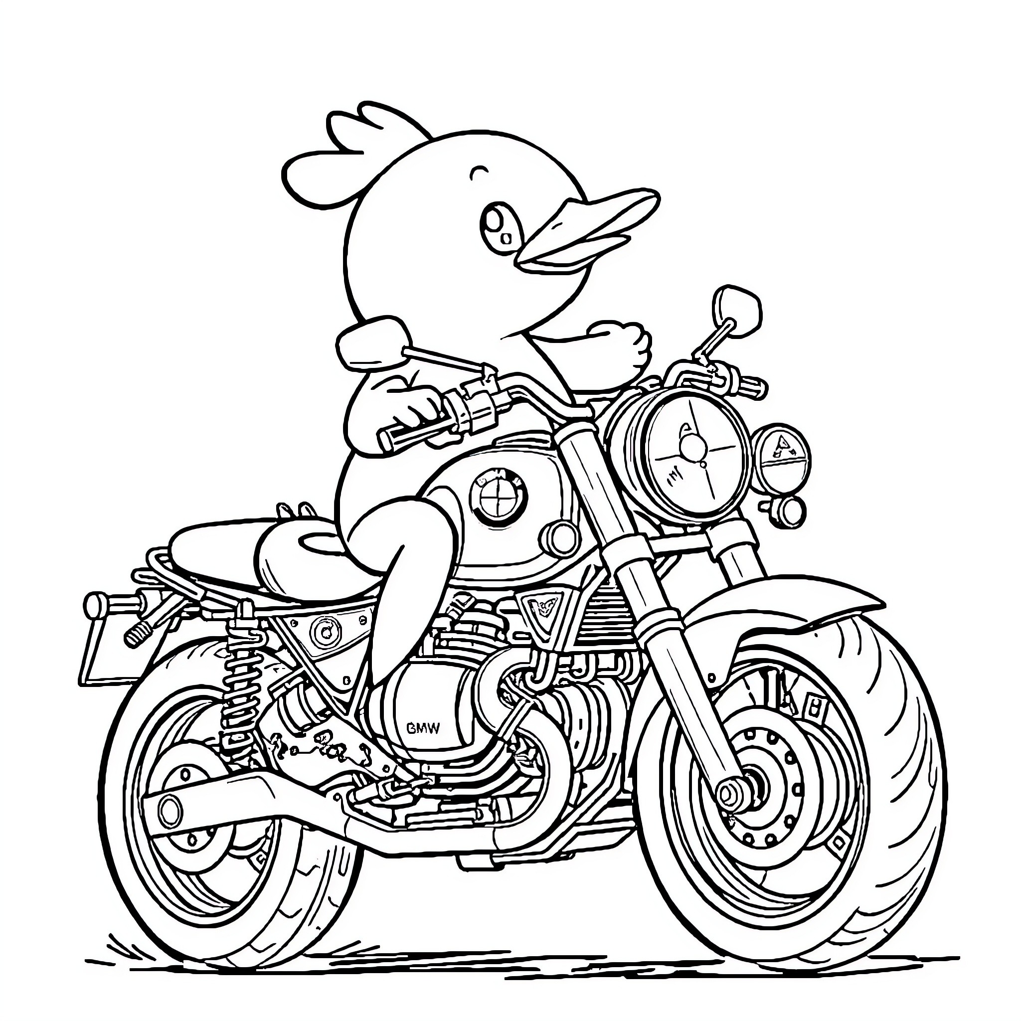 Psyduck riding a cool motorcycle Coloring Page (free black-and-white line drawing printable PDF for all, from beginners to advanced learners, including children, teens, adults, and seniors)