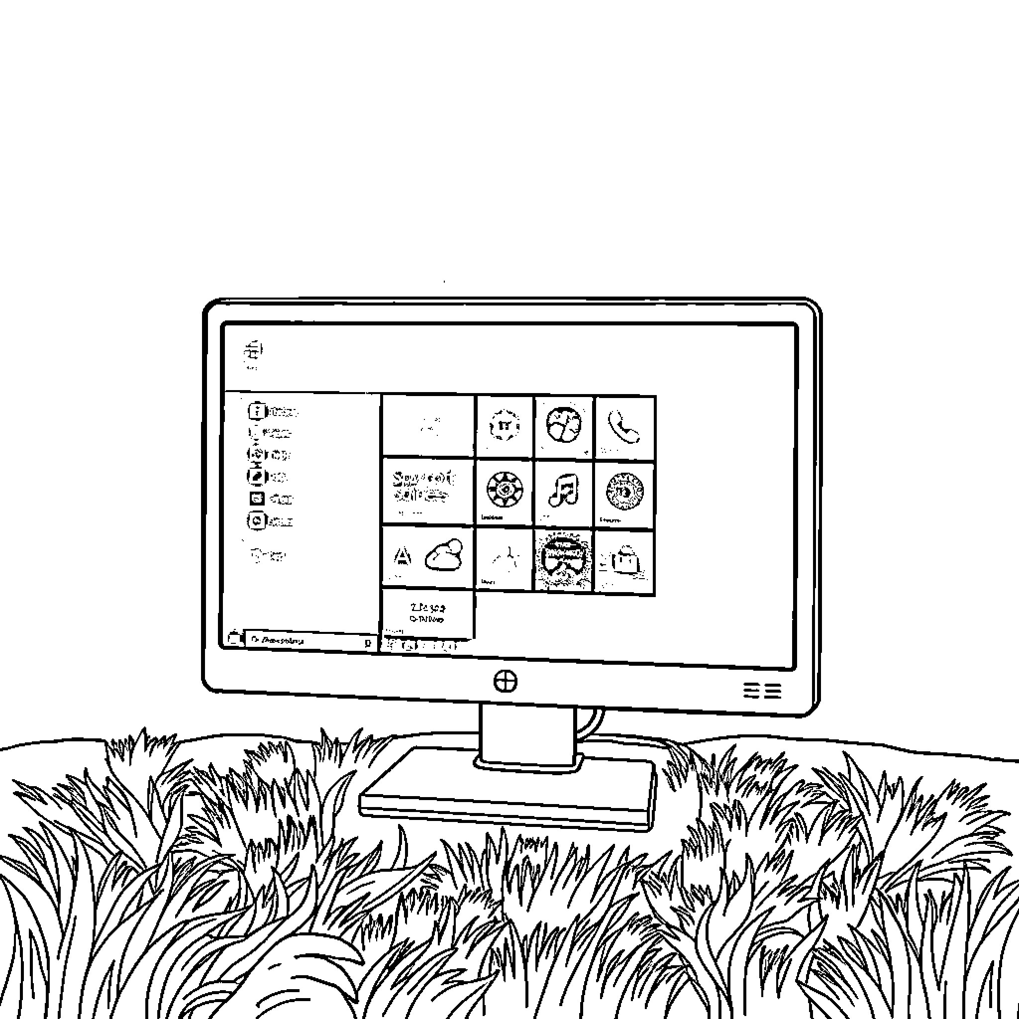 Windows with playful desktop icons in nature Coloring Page (free black-and-white line drawing printable PDF for all, from beginners to advanced learners, including children, teens, adults, and seniors)