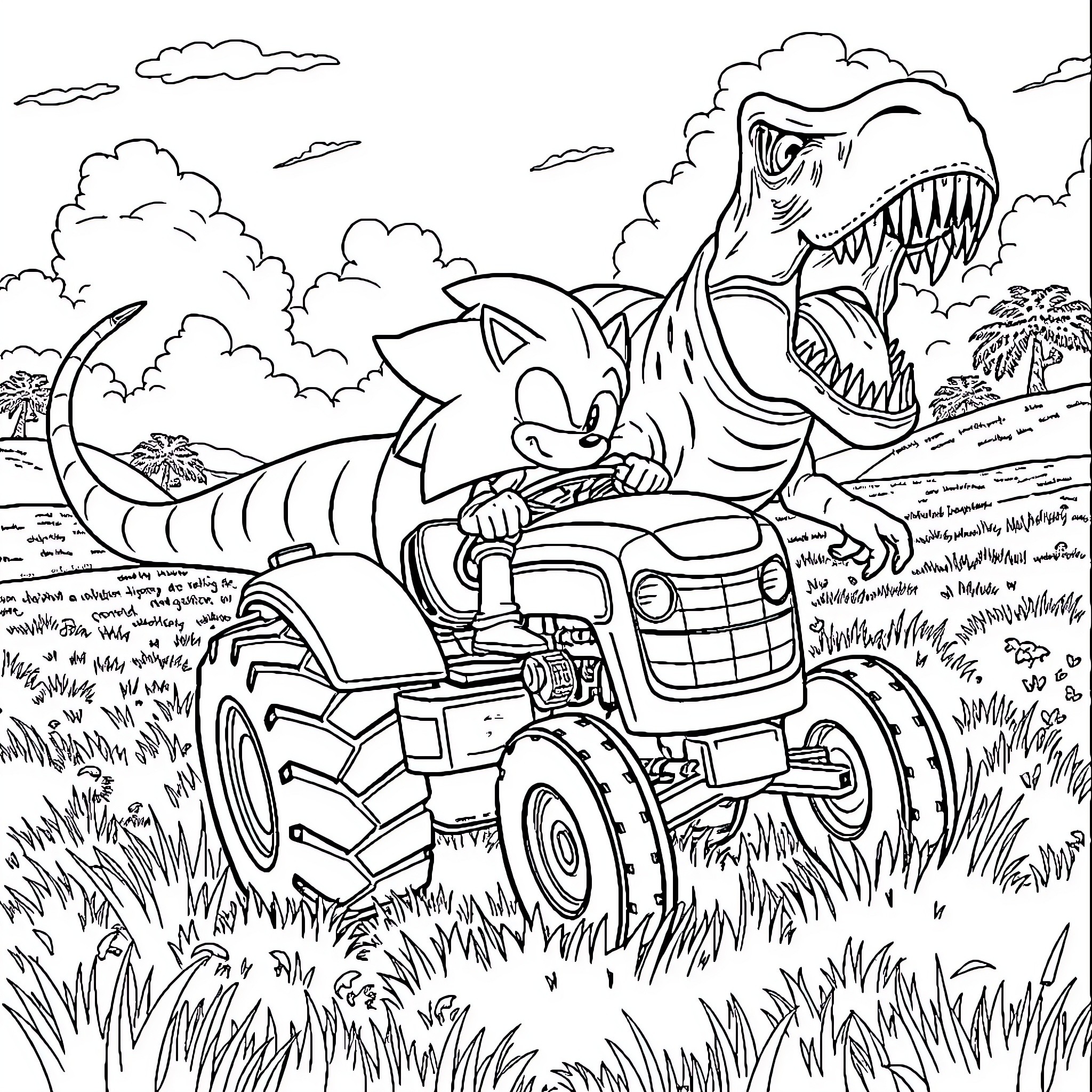 Sonic Races Through Prehistoric Landscape on Tractor Coloring Page (free black-and-white line drawing printable PDF for all, from beginners to advanced learners, including children, teens, adults, and seniors)