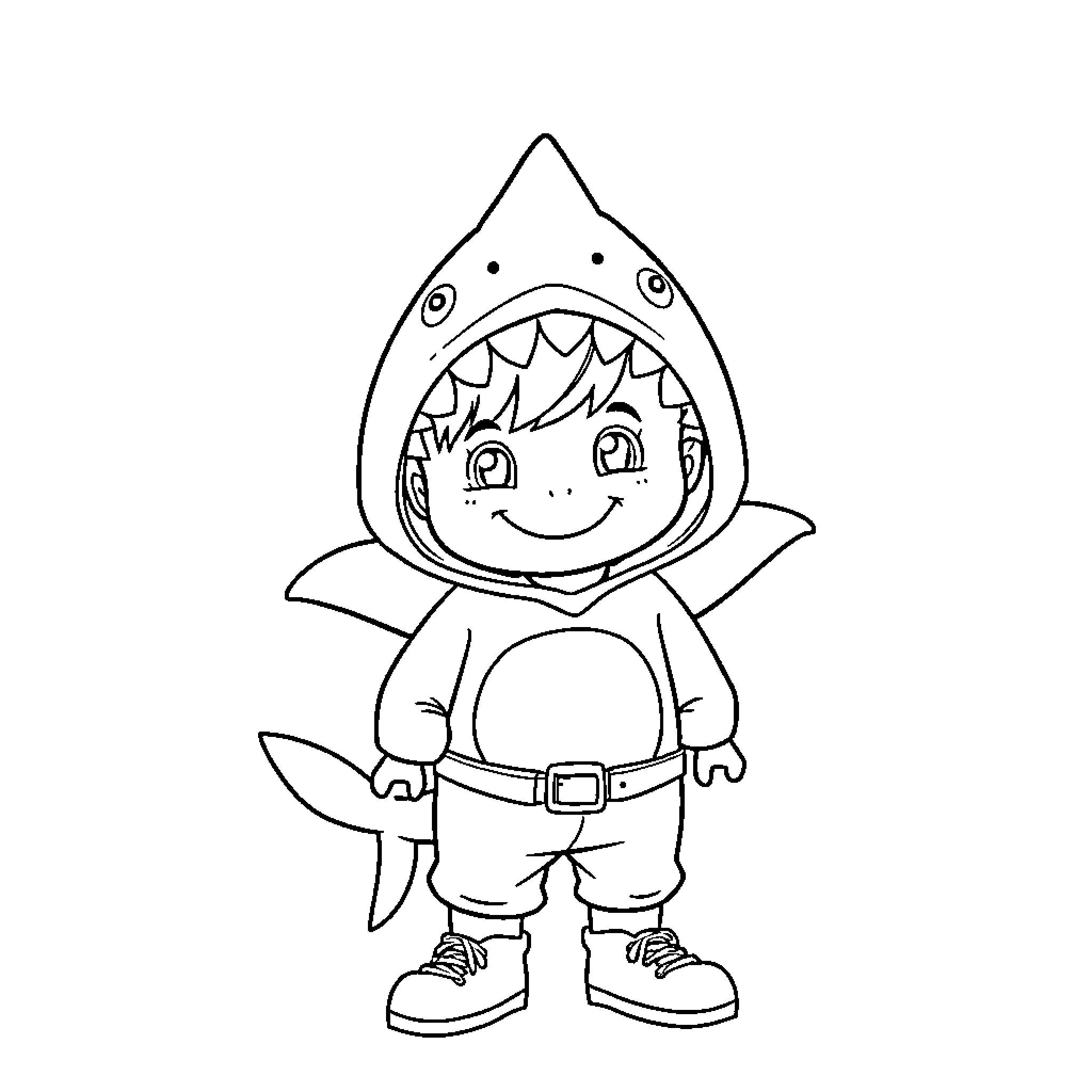 Boy Wearing Shark Costume and Smiling Coloring Page (free black-and-white line drawing printable PDF for all, from beginners to advanced learners, including children, teens, adults, and seniors)